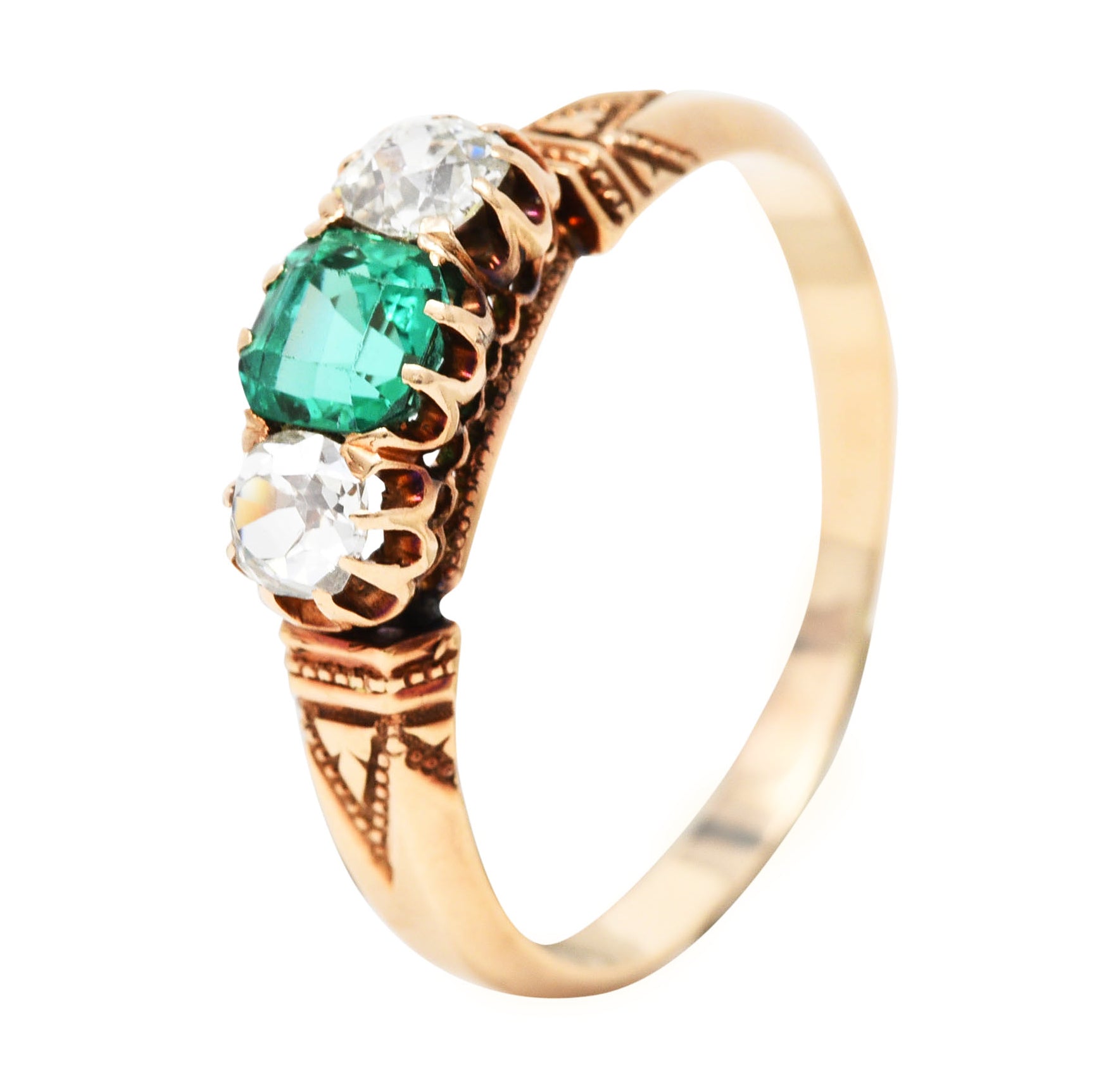 Victorian 1.00 CTW Emerald Old Mine Cut Diamond 14 Karat Yellow Gold Belcher Antique Three Stone Ring Wilson's Estate Jewelry