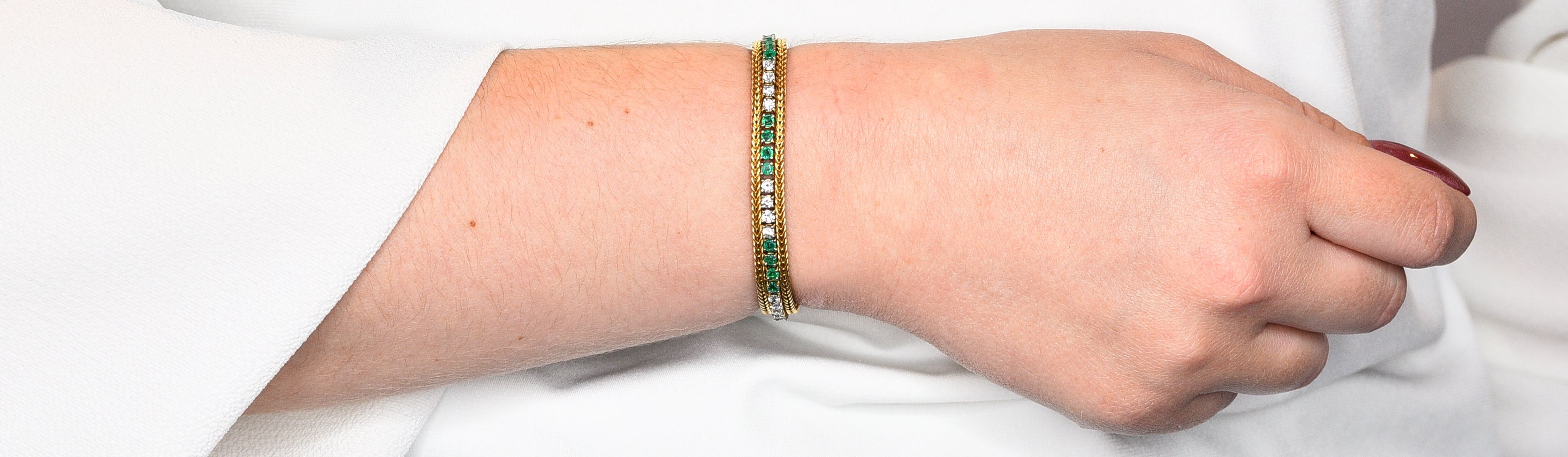 Vintage 3.00 CTW Diamond Emerald 18 Karat Two-Tone Gold Wheat Line Braceletbracelet - Wilson's Estate Jewelry