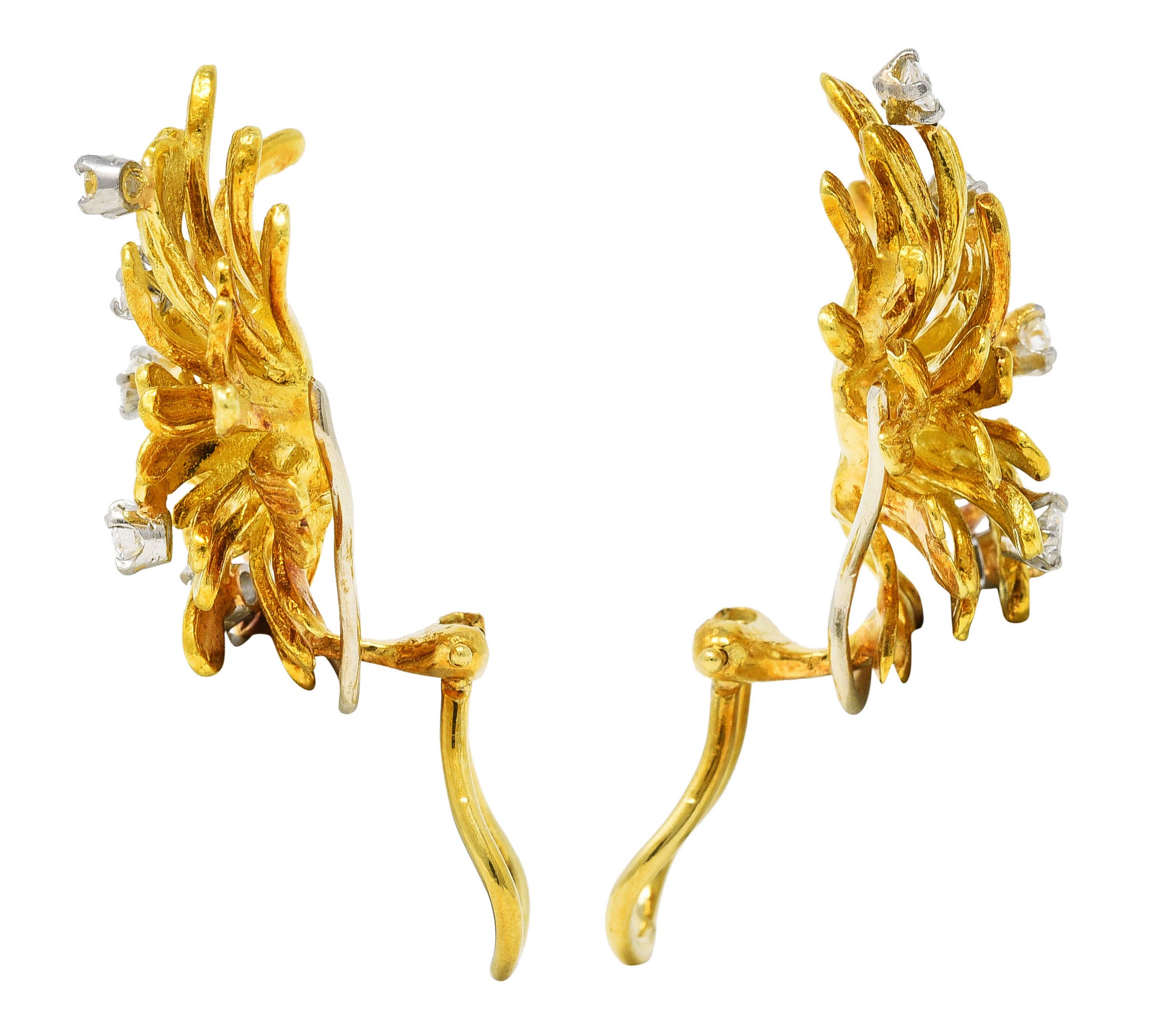 1960's Vintage 0.60 CTW Diamond 18 Karat Two-Tone Gold Organic Ear-Clip Earrings Wilson's Estate Jewelry
