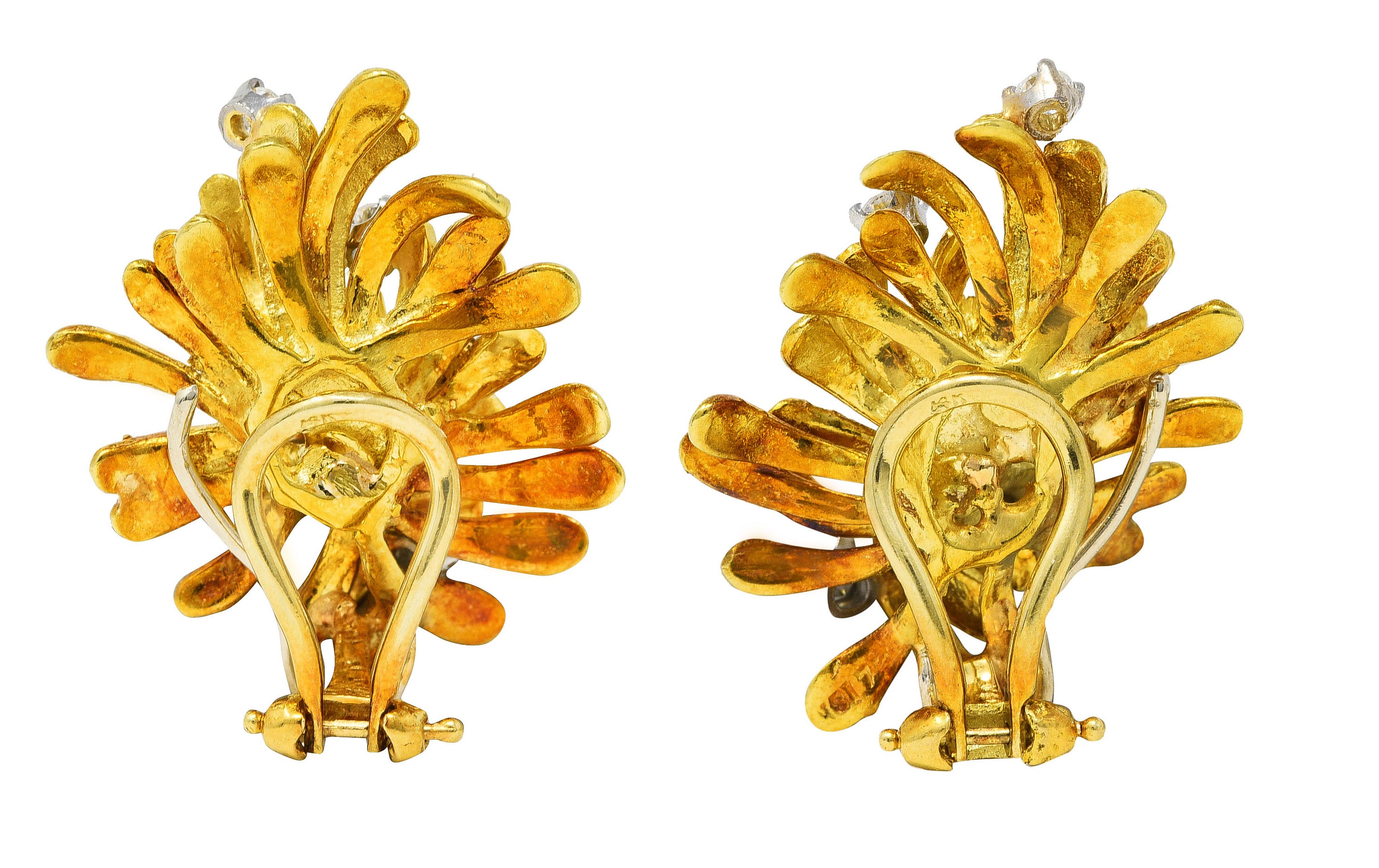 1960's Vintage 0.60 CTW Diamond 18 Karat Two-Tone Gold Organic Ear-Clip Earrings Wilson's Estate Jewelry