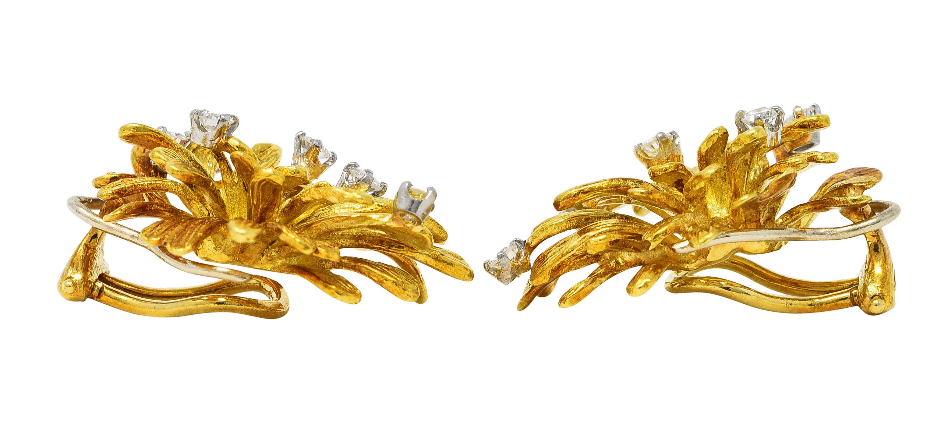 1960's Vintage 0.60 CTW Diamond 18 Karat Two-Tone Gold Organic Ear-Clip Earrings Wilson's Estate Jewelry