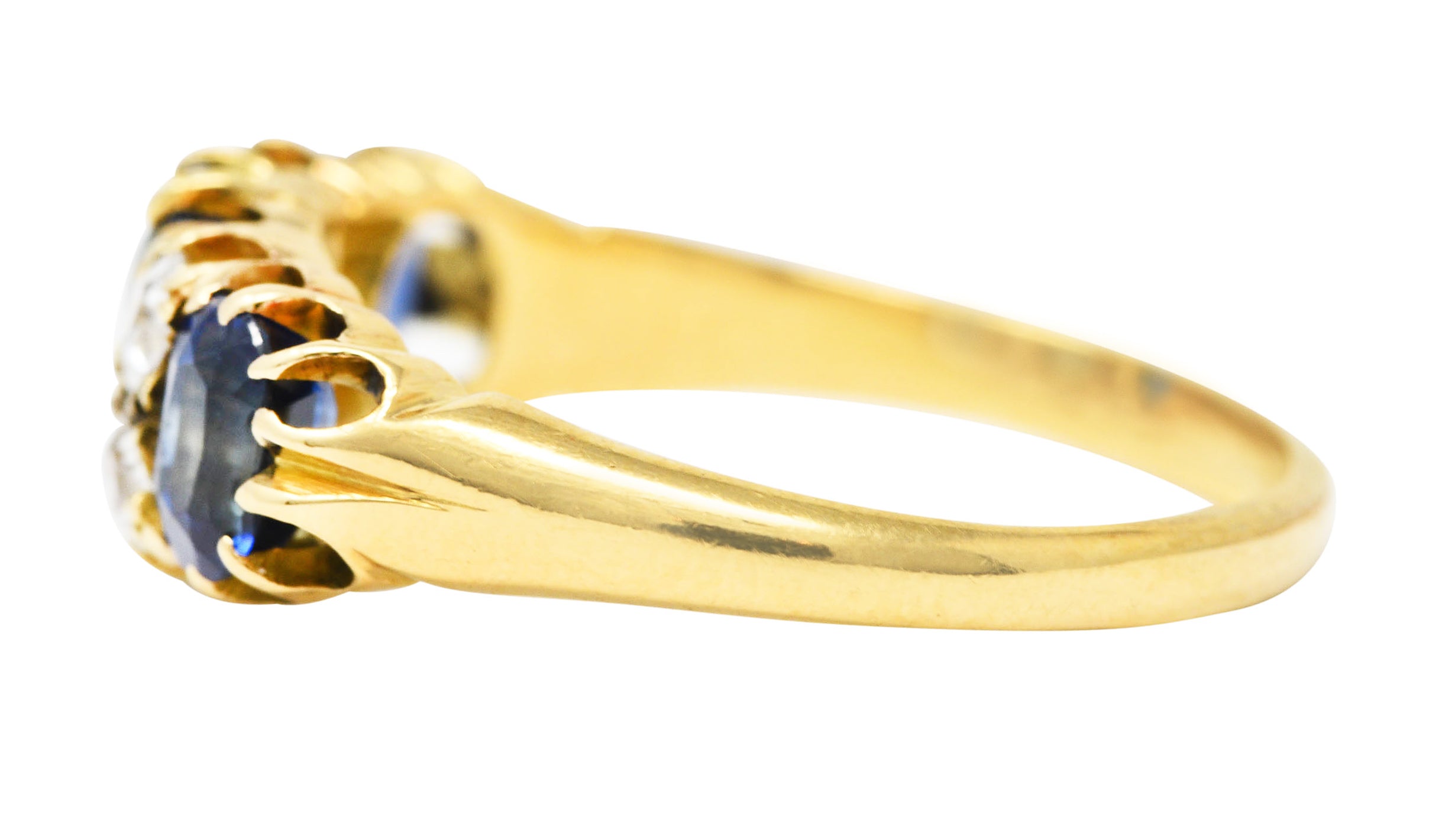 Victorian 2.10 CTW Cushion Cut Sapphire Old European Cut Diamond 18 Karat Yellow Gold Antique Band Ring Wilson's Estate Jewelry