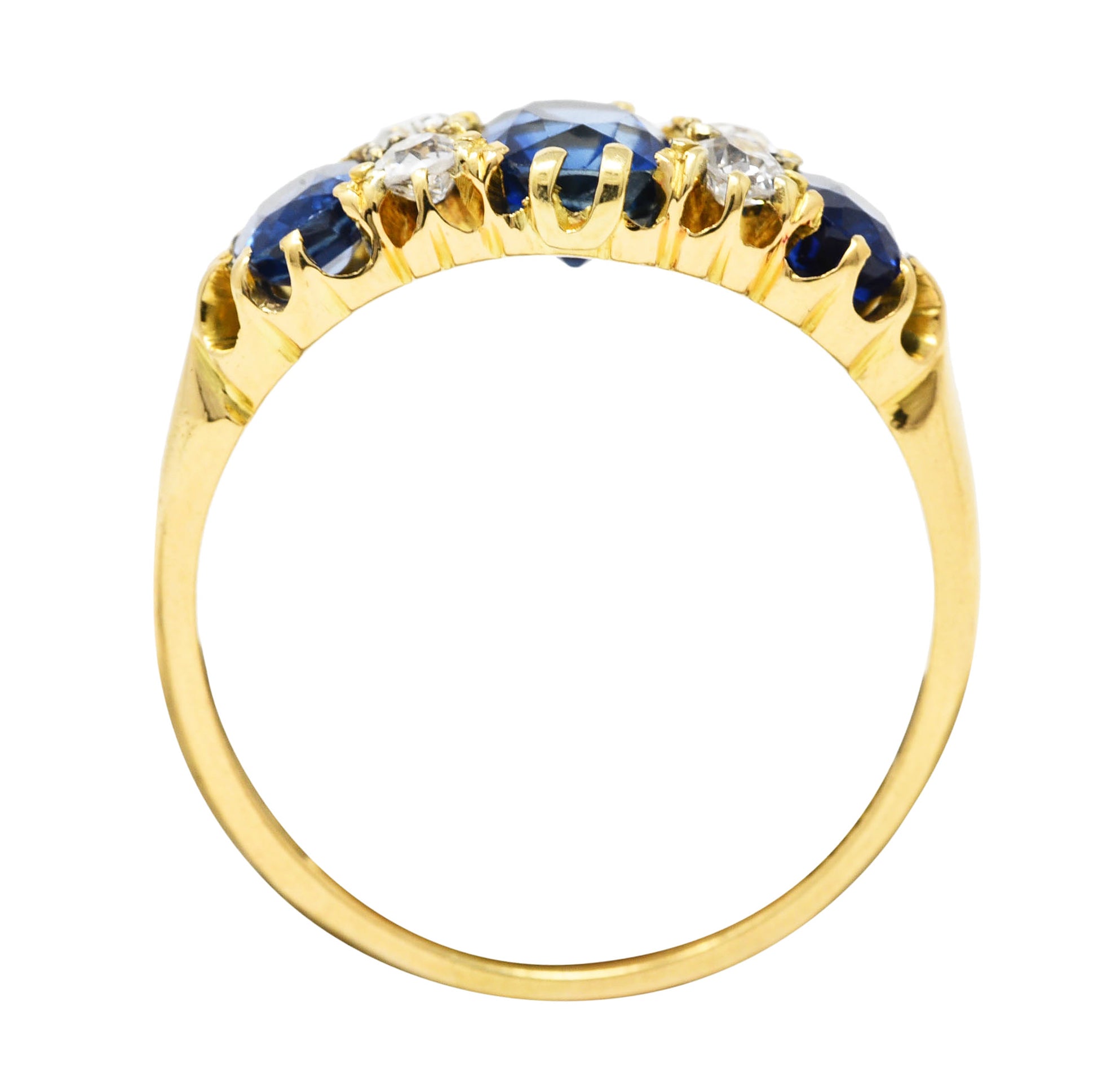 Victorian 2.10 CTW Cushion Cut Sapphire Old European Cut Diamond 18 Karat Yellow Gold Antique Band Ring Wilson's Estate Jewelry