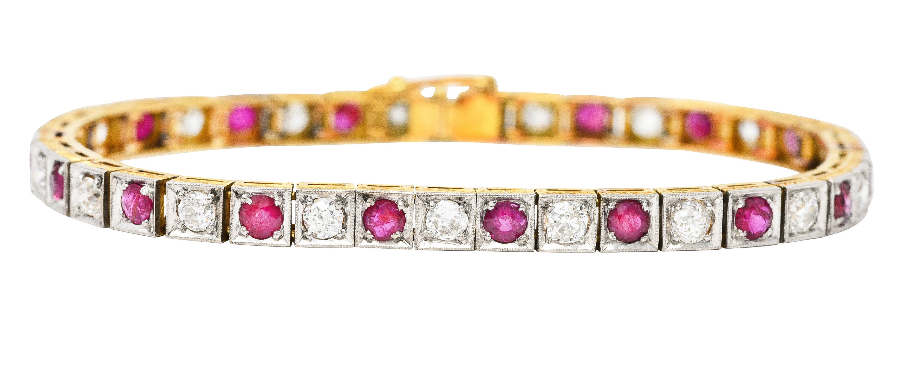 Edwardian 5.32 CTW Ruby Diamond Platinum-Topped 18 Karat Yellow Gold Milgrain Antique Line Bracelet Wilson's Estate Jewelry