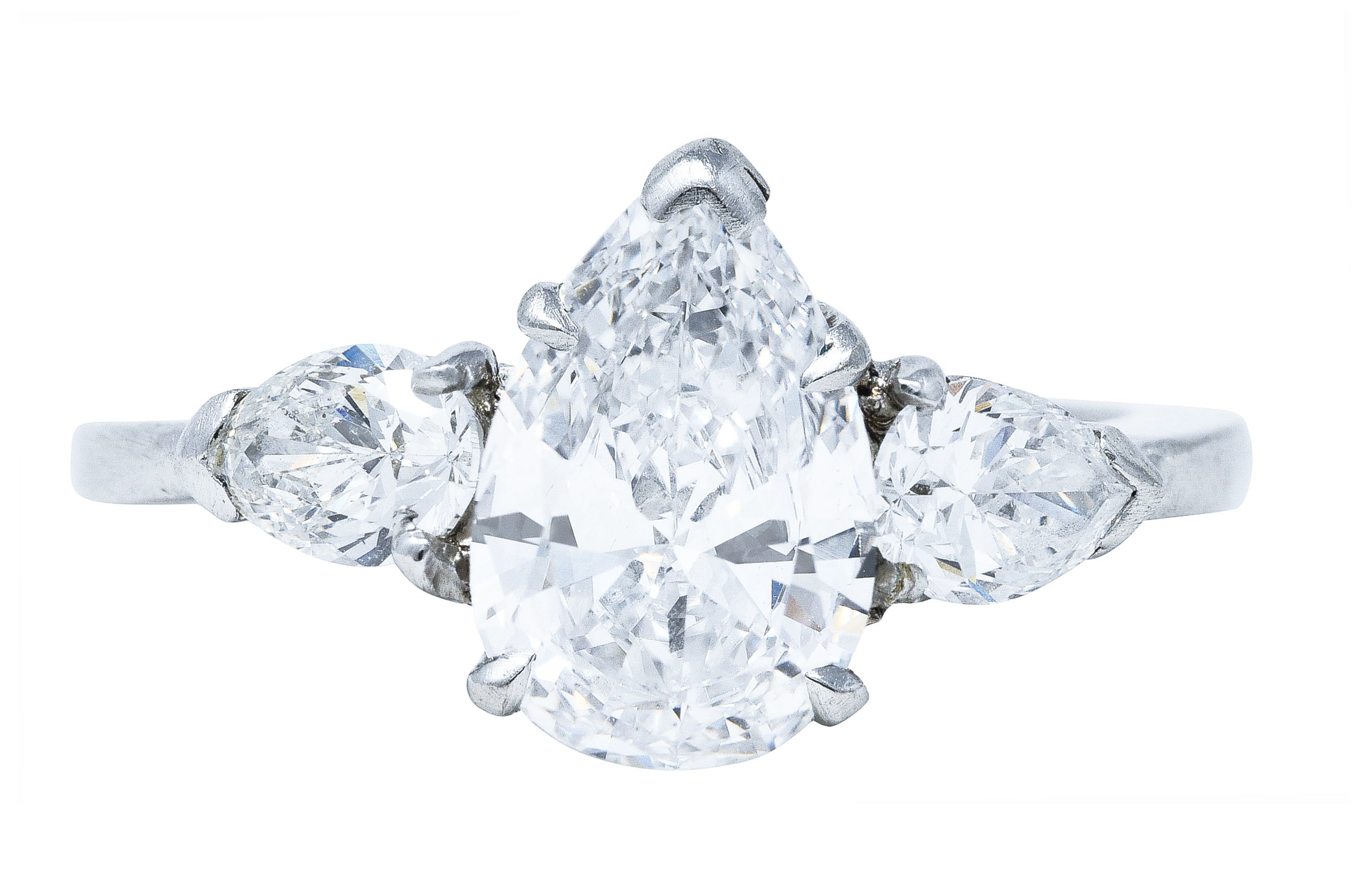 Cartier Mid-Century 2.06 CTW Diamond Platinum Pear Three Stone Engagement Ring Wilson's Estate Jewelry