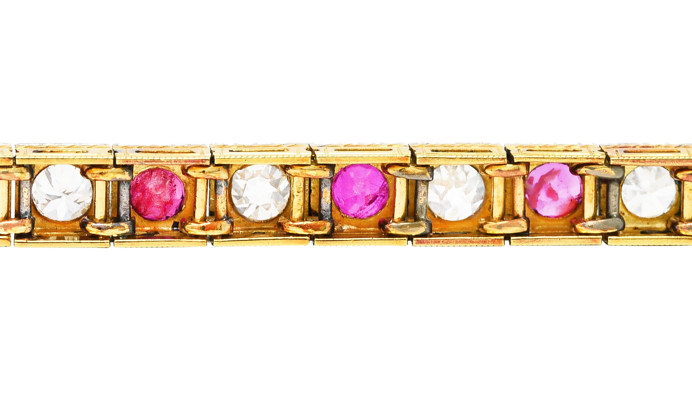 Edwardian 5.32 CTW Ruby Diamond Platinum-Topped 18 Karat Yellow Gold Milgrain Antique Line Bracelet Wilson's Estate Jewelry