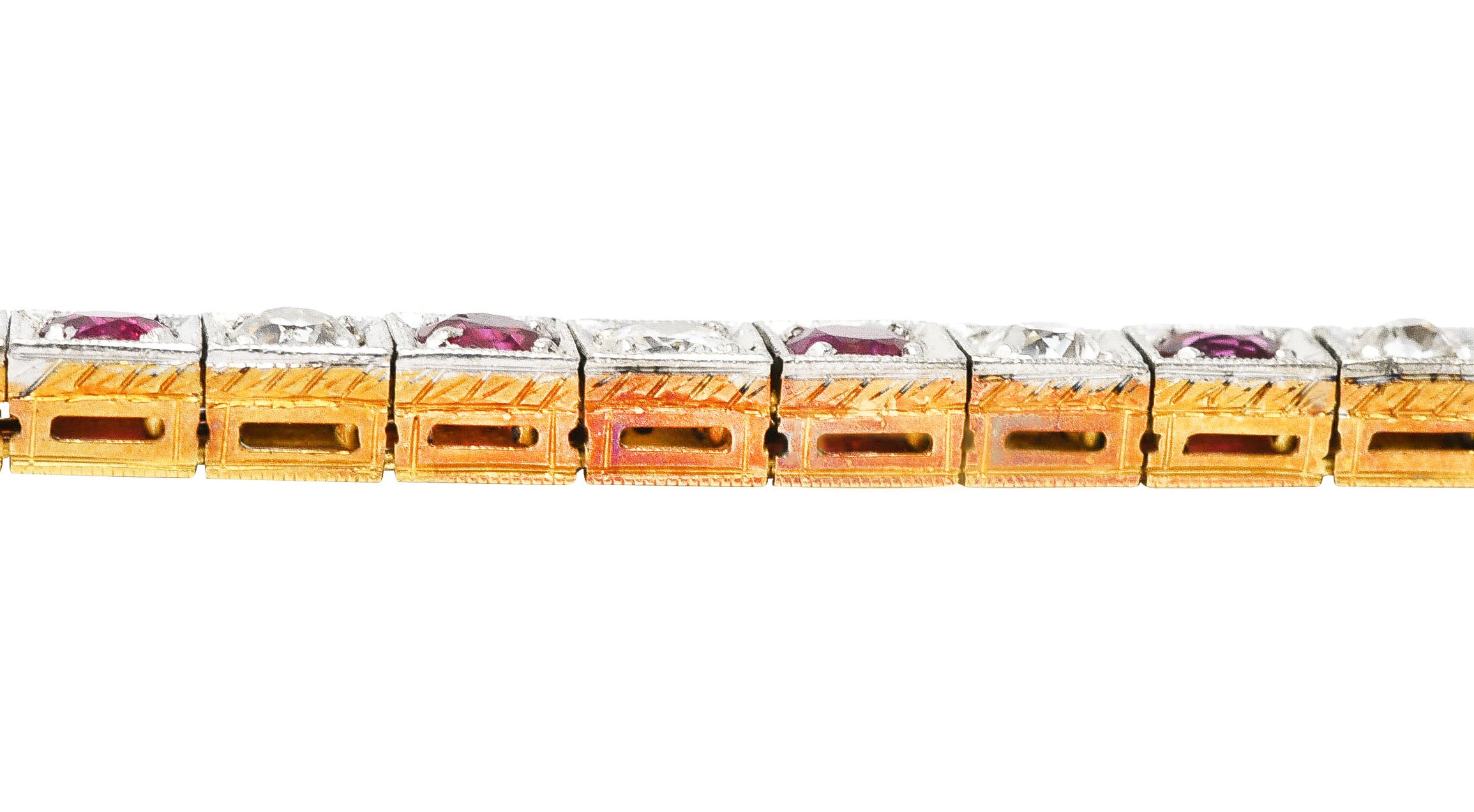 Edwardian 5.32 CTW Ruby Diamond Platinum-Topped 18 Karat Yellow Gold Milgrain Antique Line Bracelet Wilson's Estate Jewelry