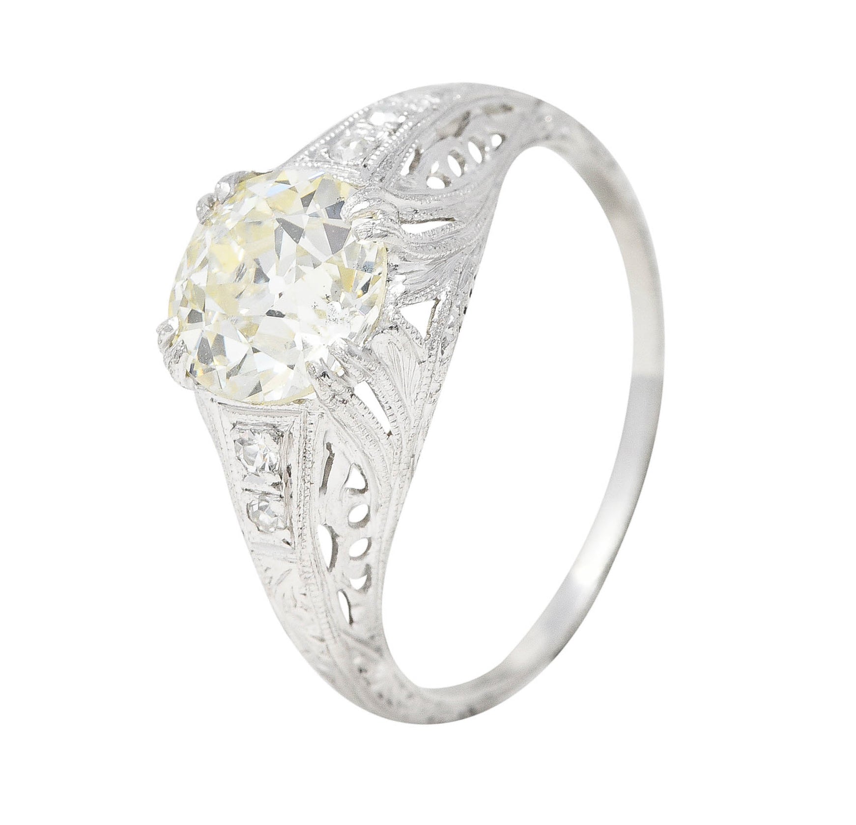 Art Deco 1.94 CTW Old European Diamond Platinum Sweeping Foliate Engagement Ring GIA Wilson's Estate Jewelry