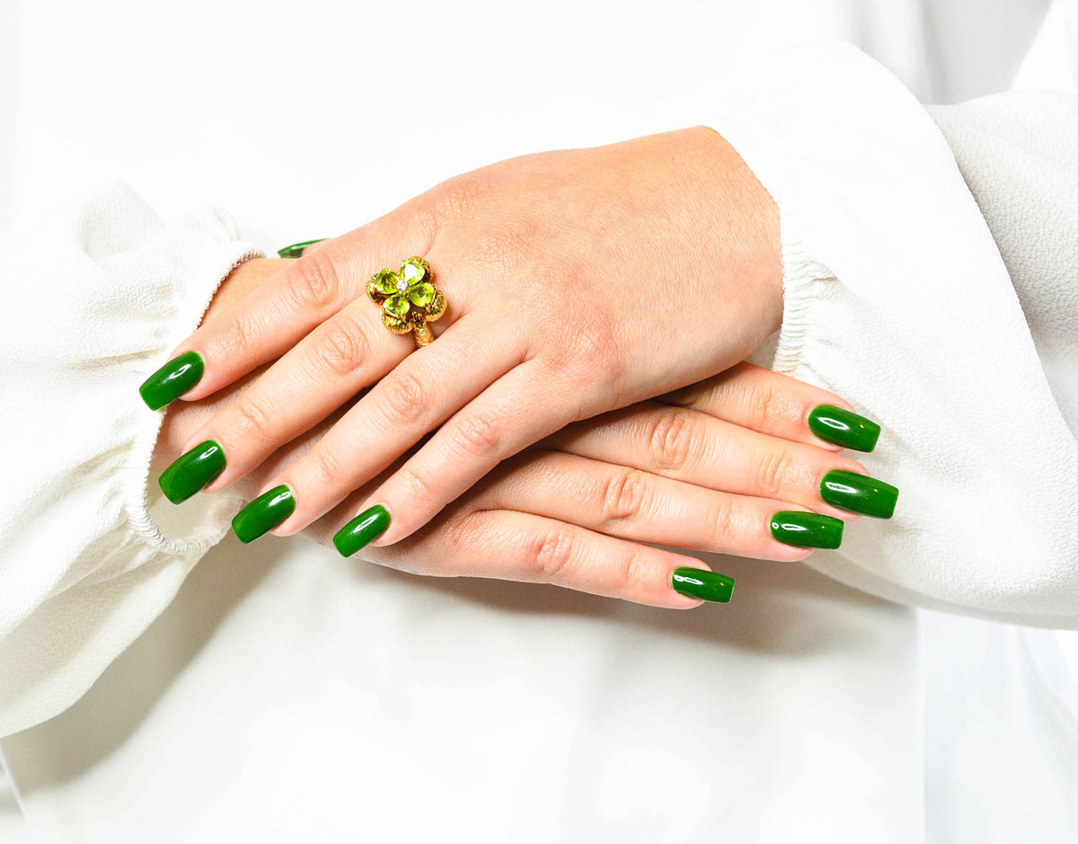 David Trabich 1980's Vintage 2.90 CTW Peridot Diamond 14 Karat Gold Clover RingRing - Wilson's Estate Jewelry