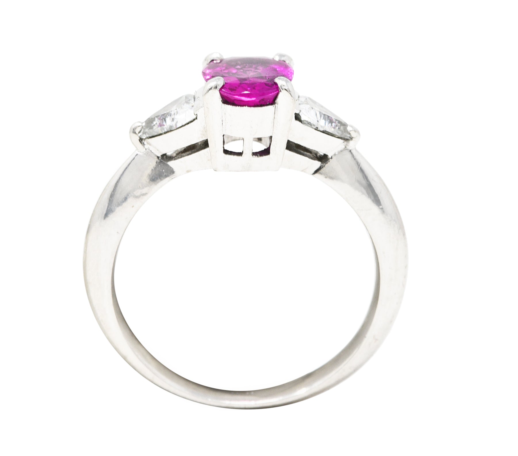 Contemporary 2.00 CTW Pink Sapphire Diamond Platinum Three Stone Gemstone Ring Wilson's Estate Jewelry