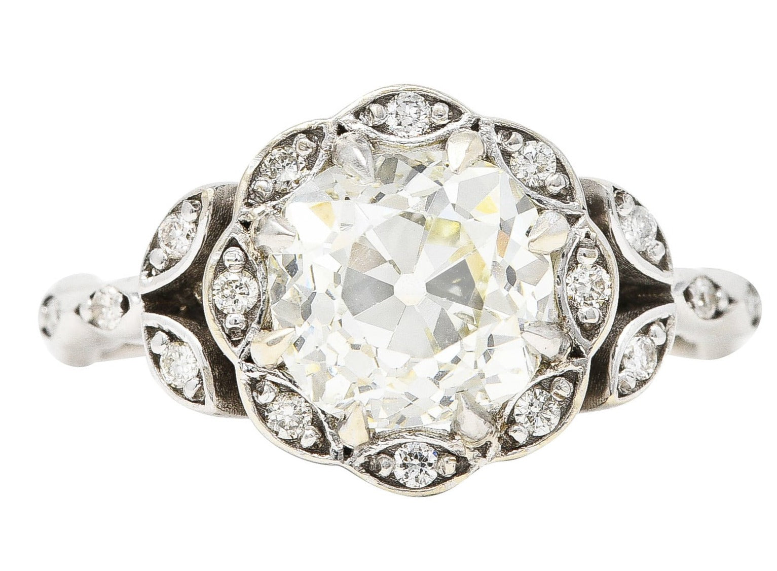 Vintage 2.17 CTW Old Mine Diamond 14 Karat White Gold Flower Cluster Engagement Ring Wilson's Estate Jewelry