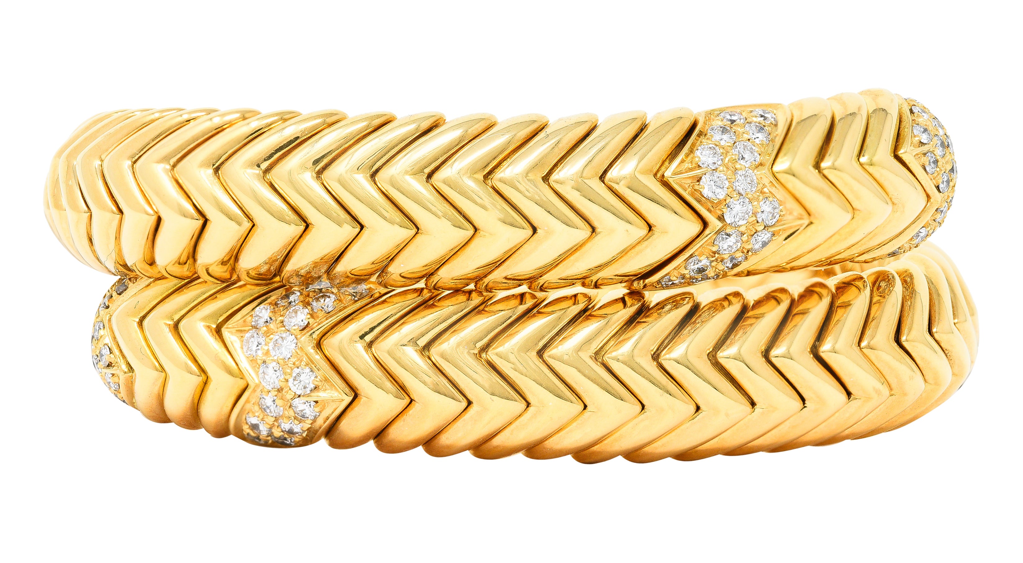 Bulgari 1990's Diamond 18 Karat Yellow Gold Chevron Spiga Wrap Vintage Bangle Bracelet Wilson's Estate Jewelry