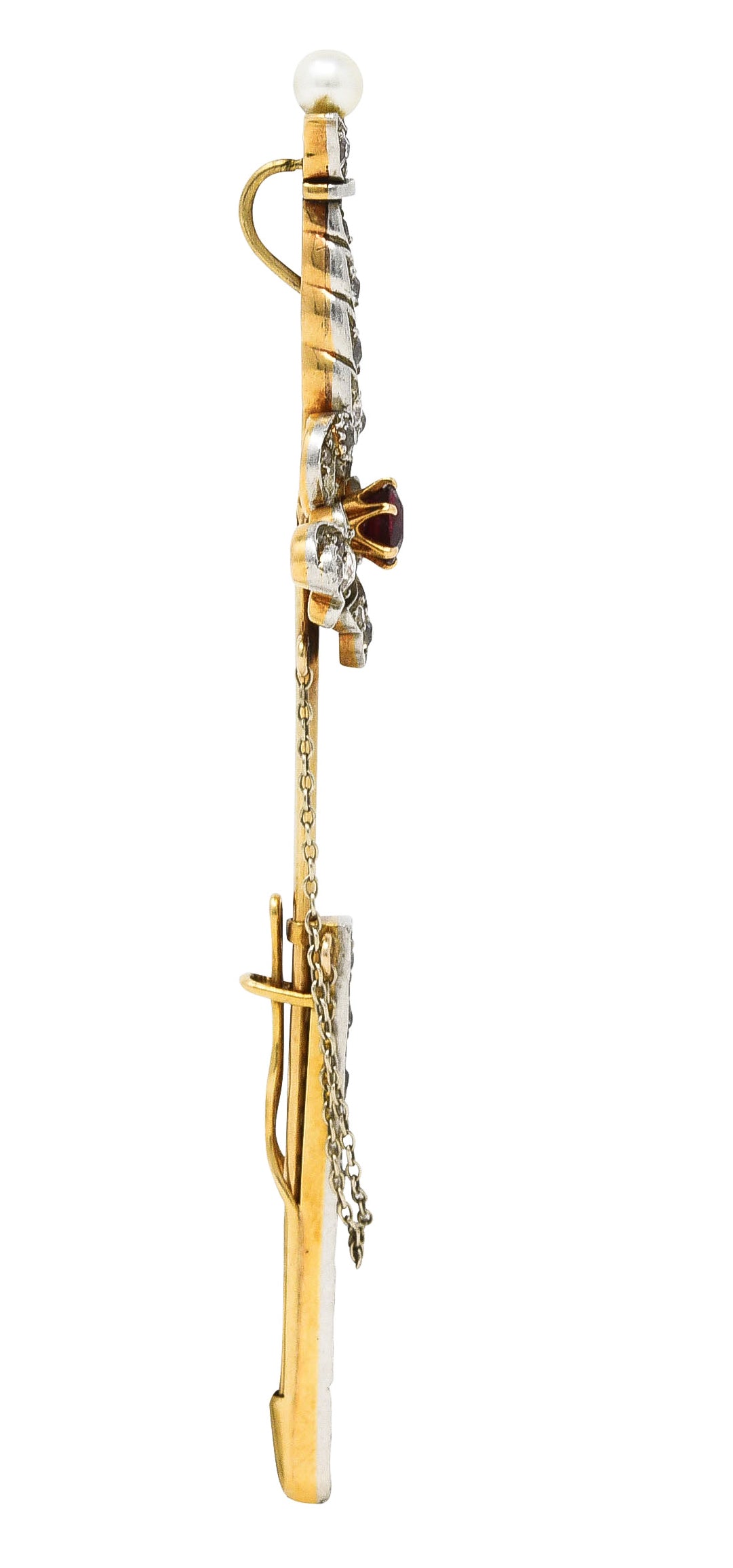 Edwardian Ruby Diamond Platinum-Topped 18 Karat Yellow Gold Sword Pendant Jabot Brooch Wilson's Estate Jewelry