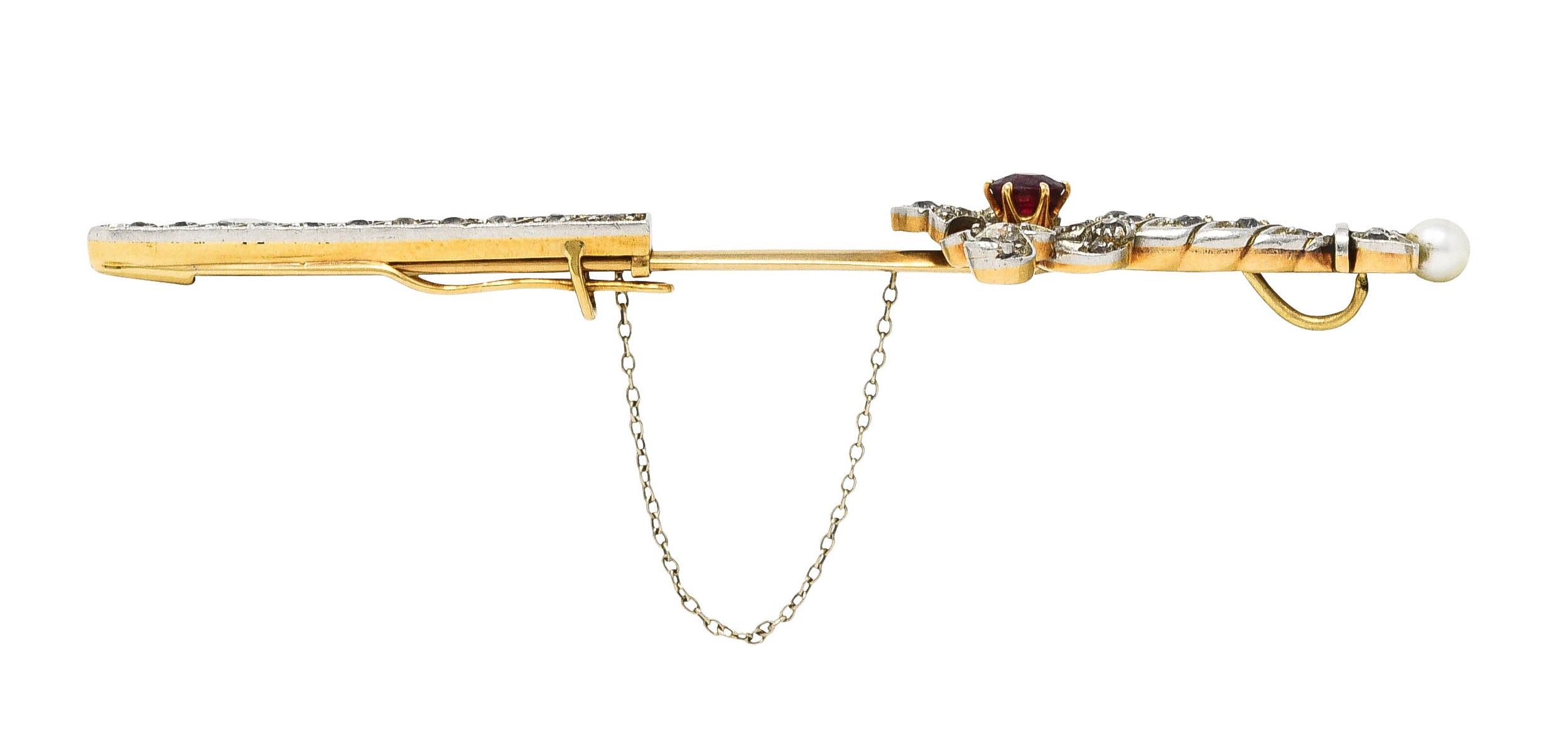 Edwardian Ruby Diamond Platinum-Topped 18 Karat Yellow Gold Sword Pendant Jabot Brooch Wilson's Estate Jewelry