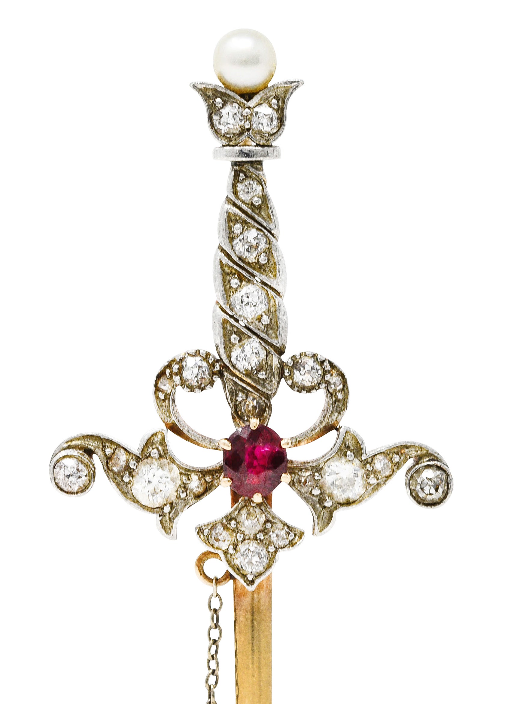 Edwardian Ruby Diamond Platinum-Topped 18 Karat Yellow Gold Sword Pendant Jabot Brooch Wilson's Estate Jewelry