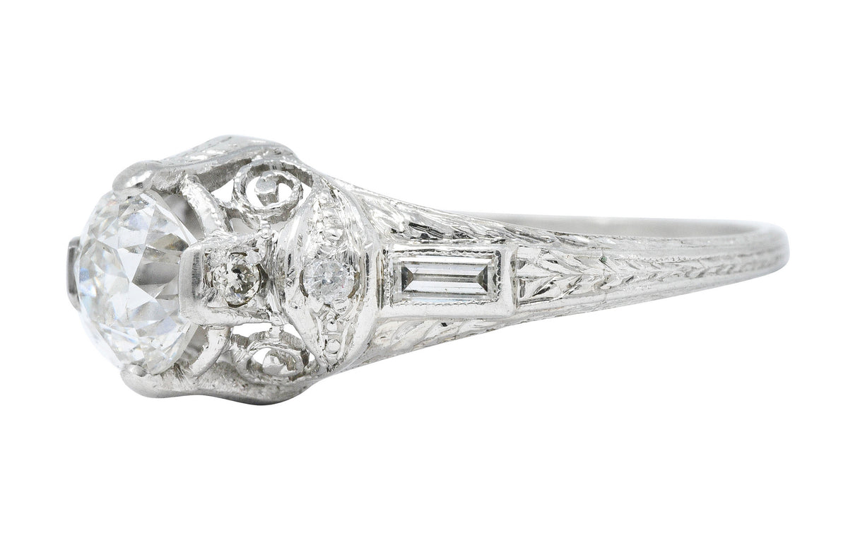 Art Deco 1.09 CTW Diamond Platinum Scrolled Volute Engagement Ring GIARing - Wilson's Estate Jewelry
