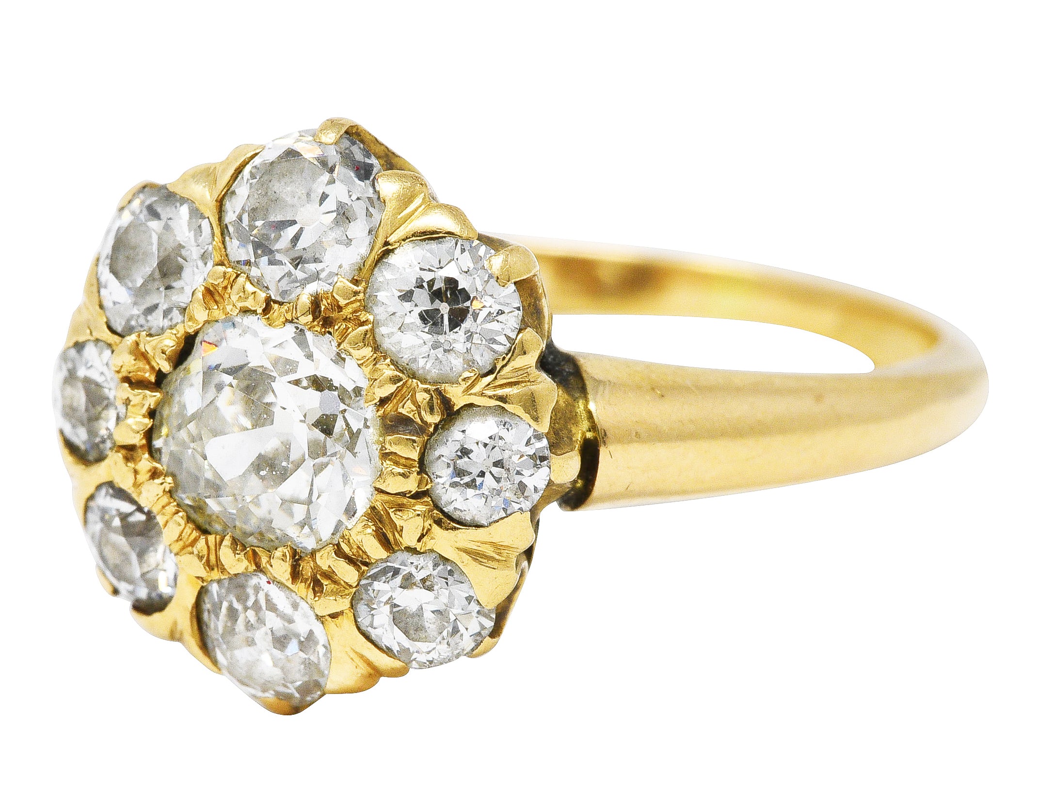 .11111 SH 1880's Victorian 1.50 CTW Old Mine Diamond 14 Karat Yellow Gold Cluster Ring Wilson's Estate Jewelry