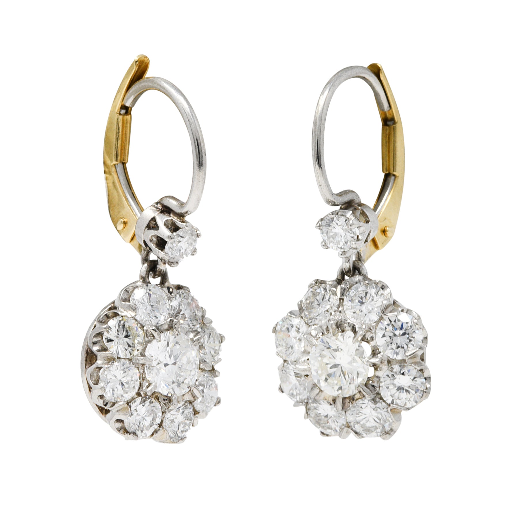 Mid-Century 2.80 CTW Diamond Platinum 14 Karat Gold Cluster Vintage Drop Earrings Wilson's Estate Jewelry