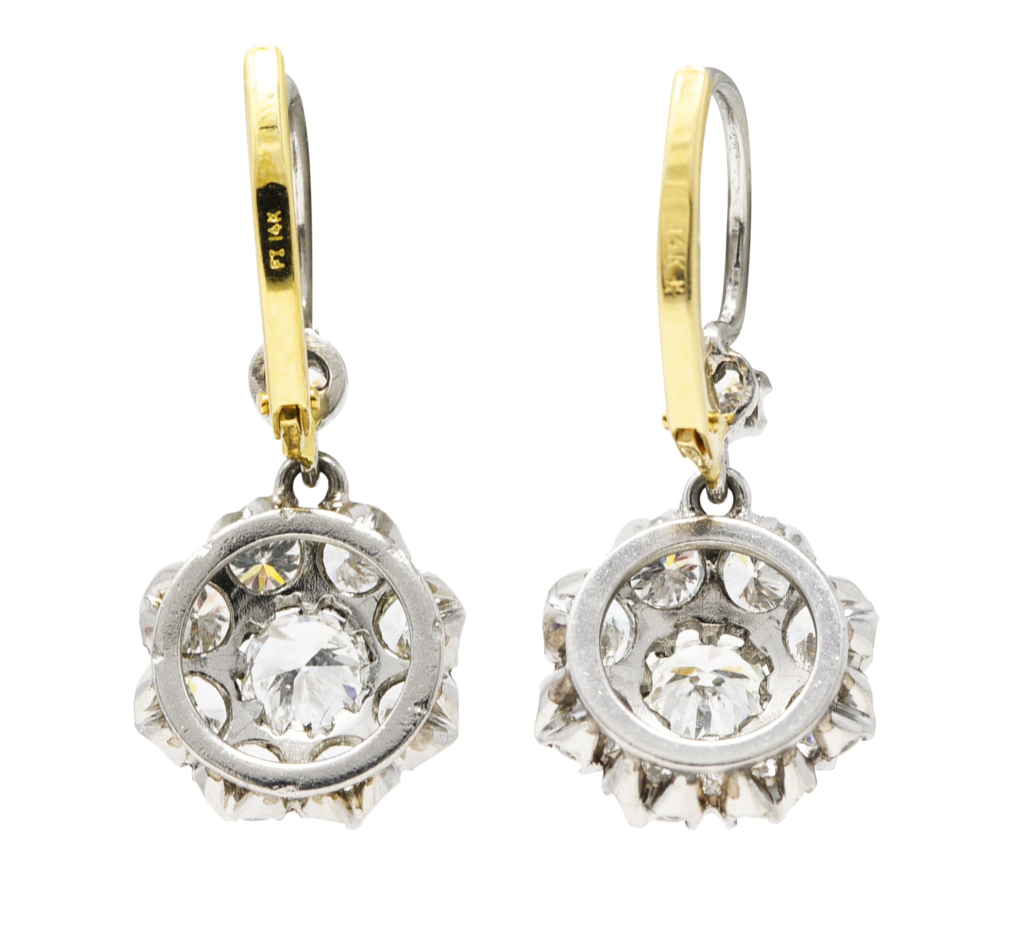 Mid-Century 2.80 CTW Diamond Platinum 14 Karat Gold Cluster Vintage Drop Earrings Wilson's Estate Jewelry