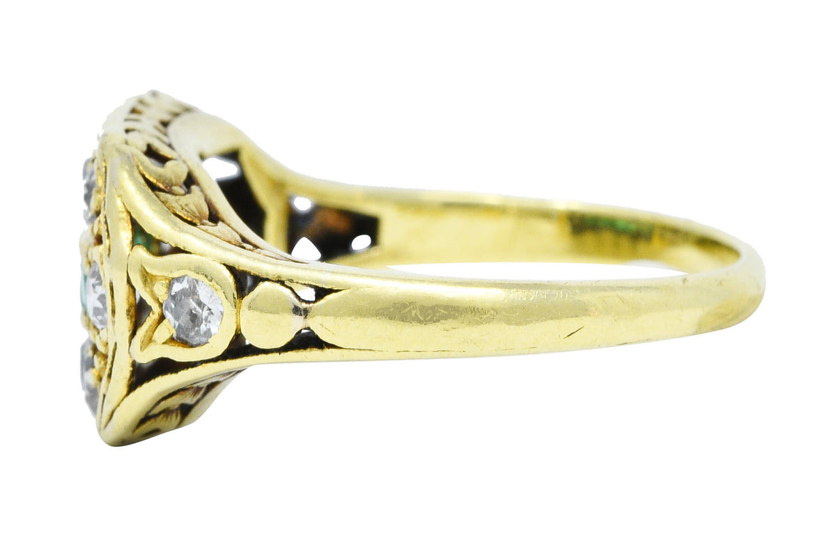 Arts and Crafts Emerald Diamond 18 Karat Green Gold Laurel Band RingRing - Wilson's Estate Jewelry