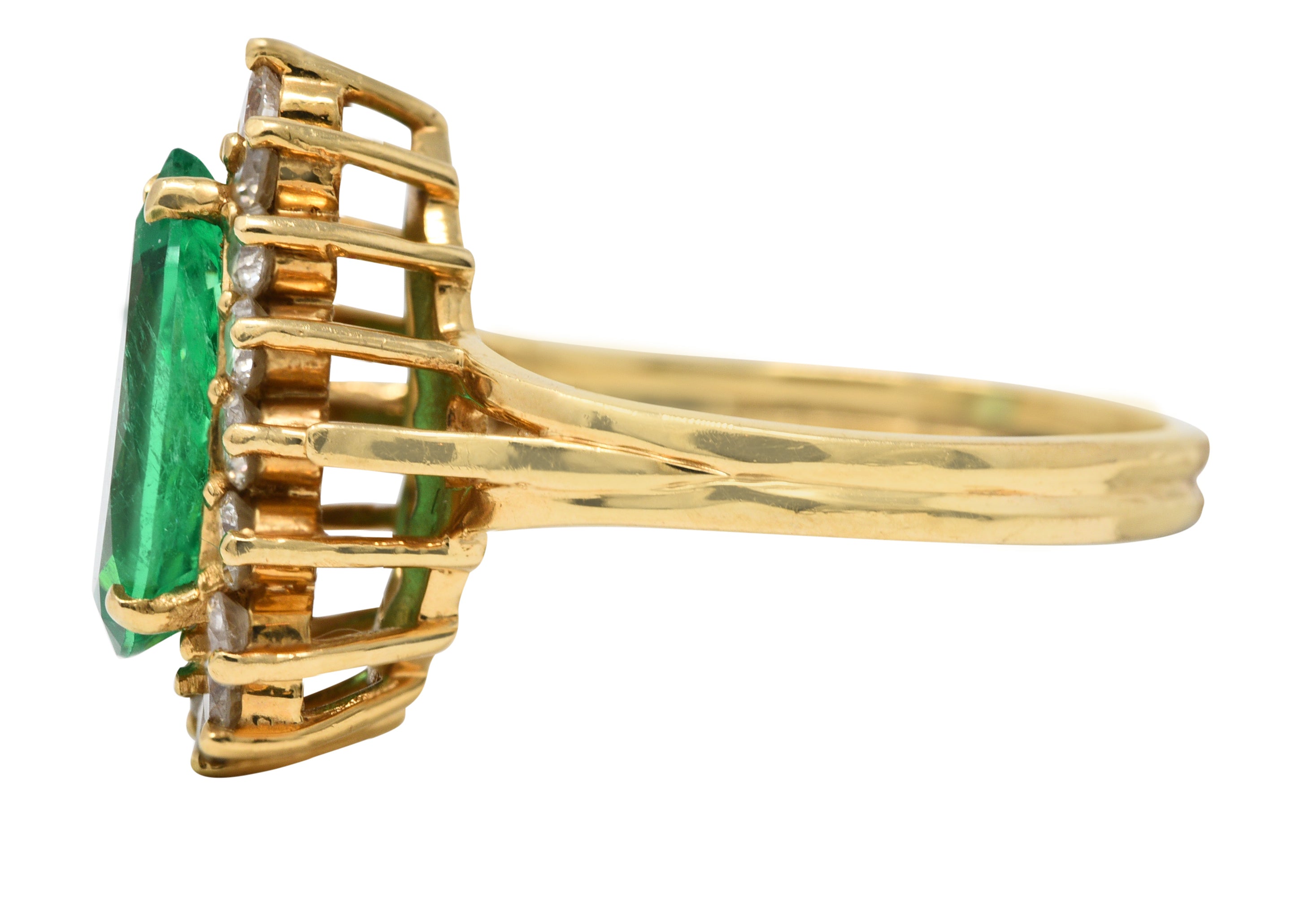 Vintage 4.34 CTW Pear Cut Columbian Emerald Diamond 14 Karat Yellow Gold Halo Ring GIA Wilson's Estate Jewelry