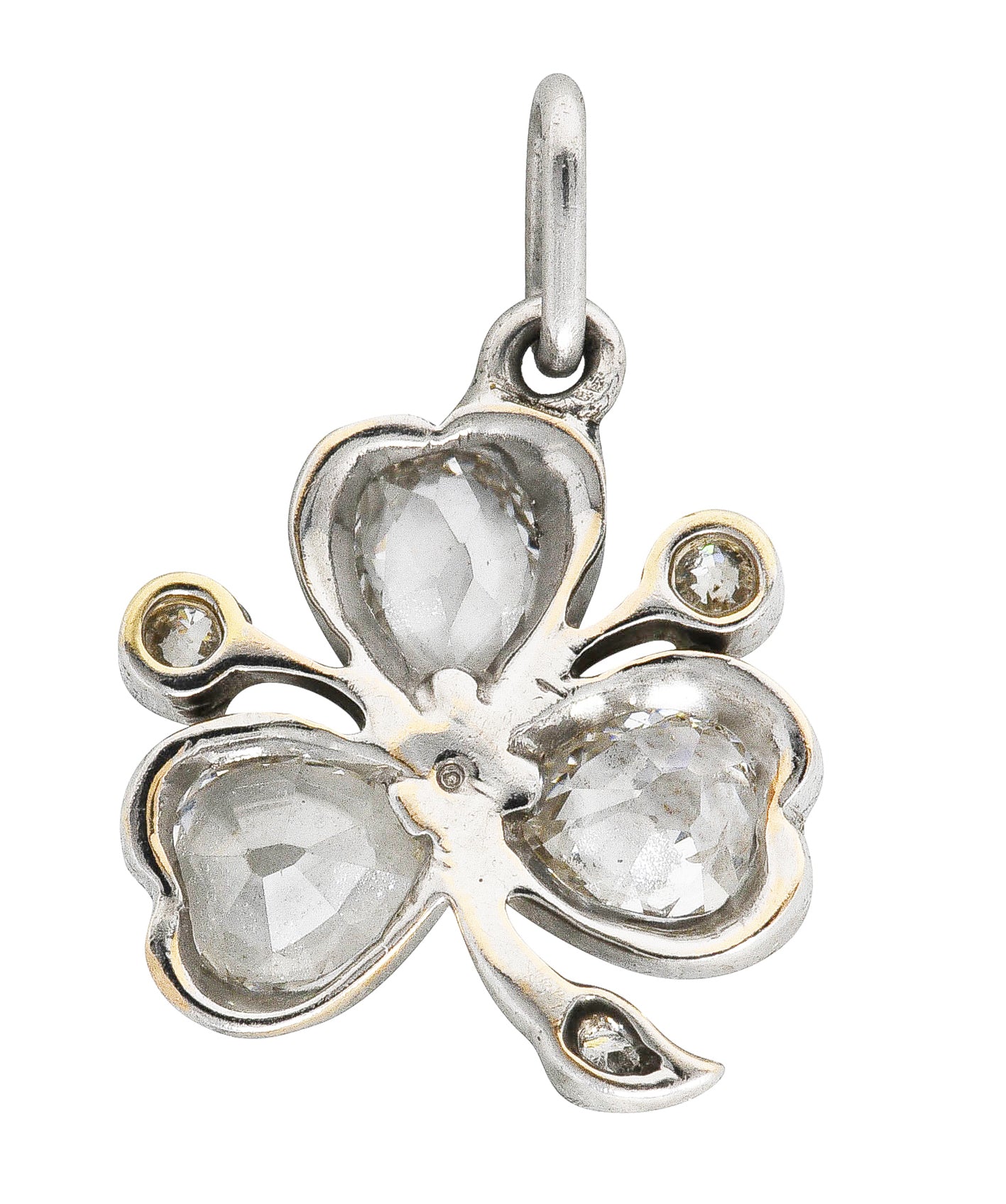 Edwardian 1.18 CTW Old Mine Diamond Platinum-Topped 18 Karat Gold Clover Antique Charm Wilson's Estate Jewelry
