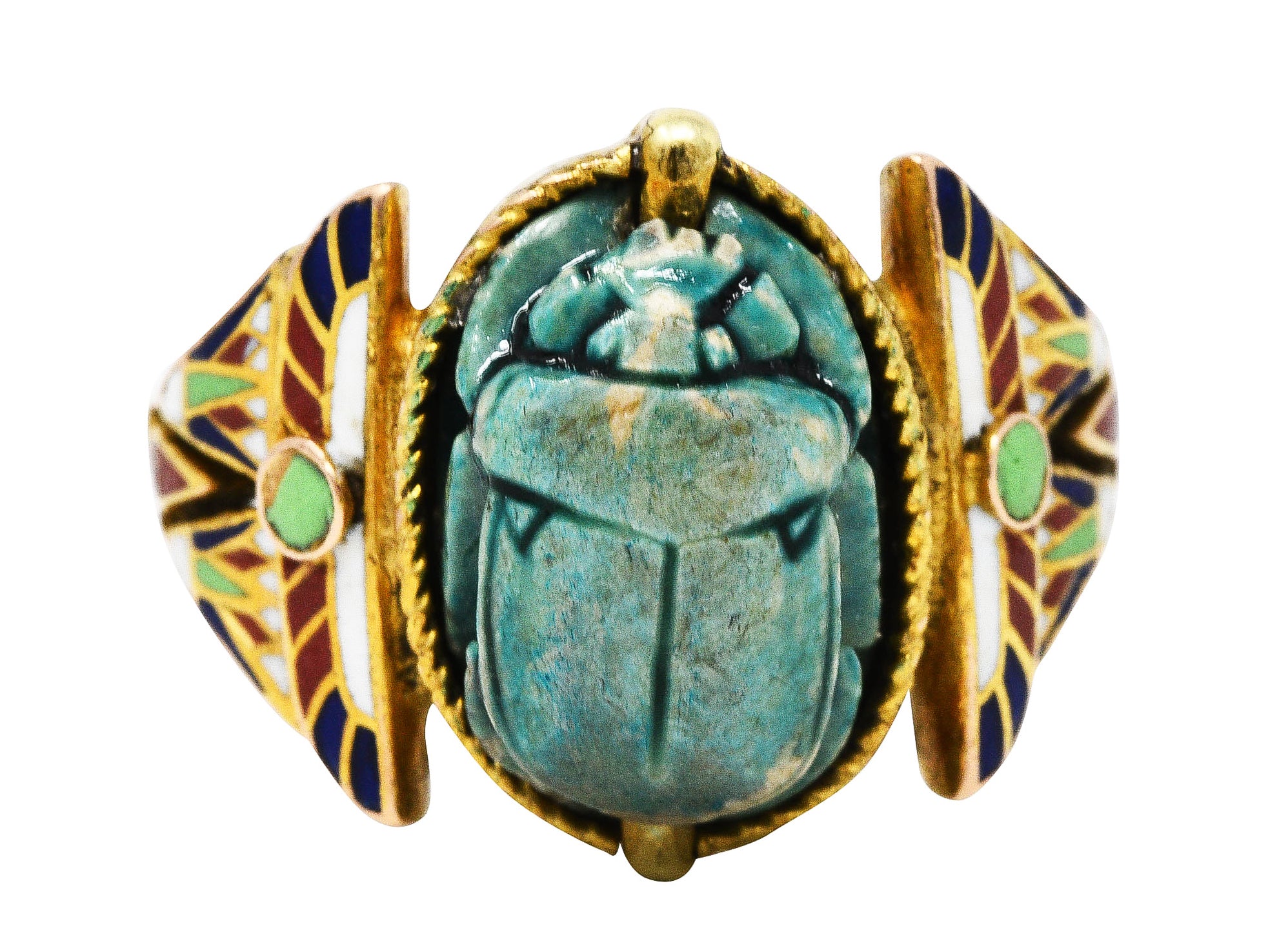 Art Deco Egyptian Revival Enamel Hardstone 14 Karat Gold Scarab RingRing - Wilson's Estate Jewelry