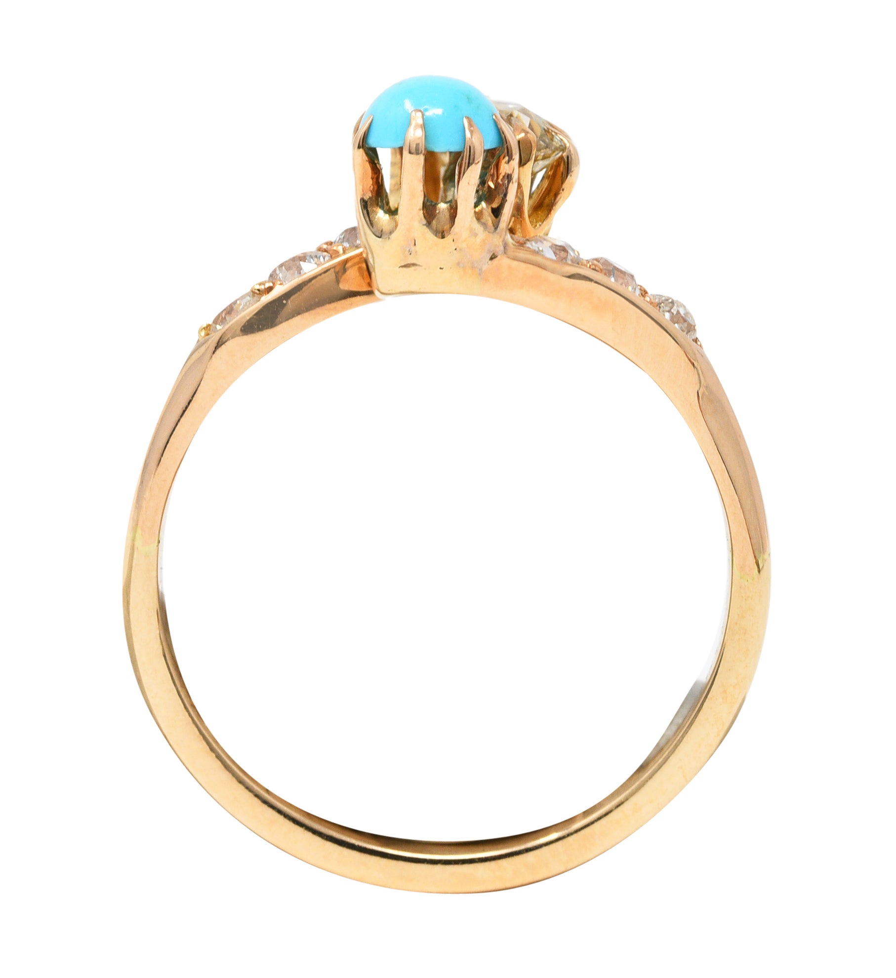 .11111 Victorian 0.46 CTW Old Mine & Old European Cut Diamond Turquoise 14 Karat Yellow Gold Toi Et Moi Antique Bypass Ring Wilson's Estate Jewelry