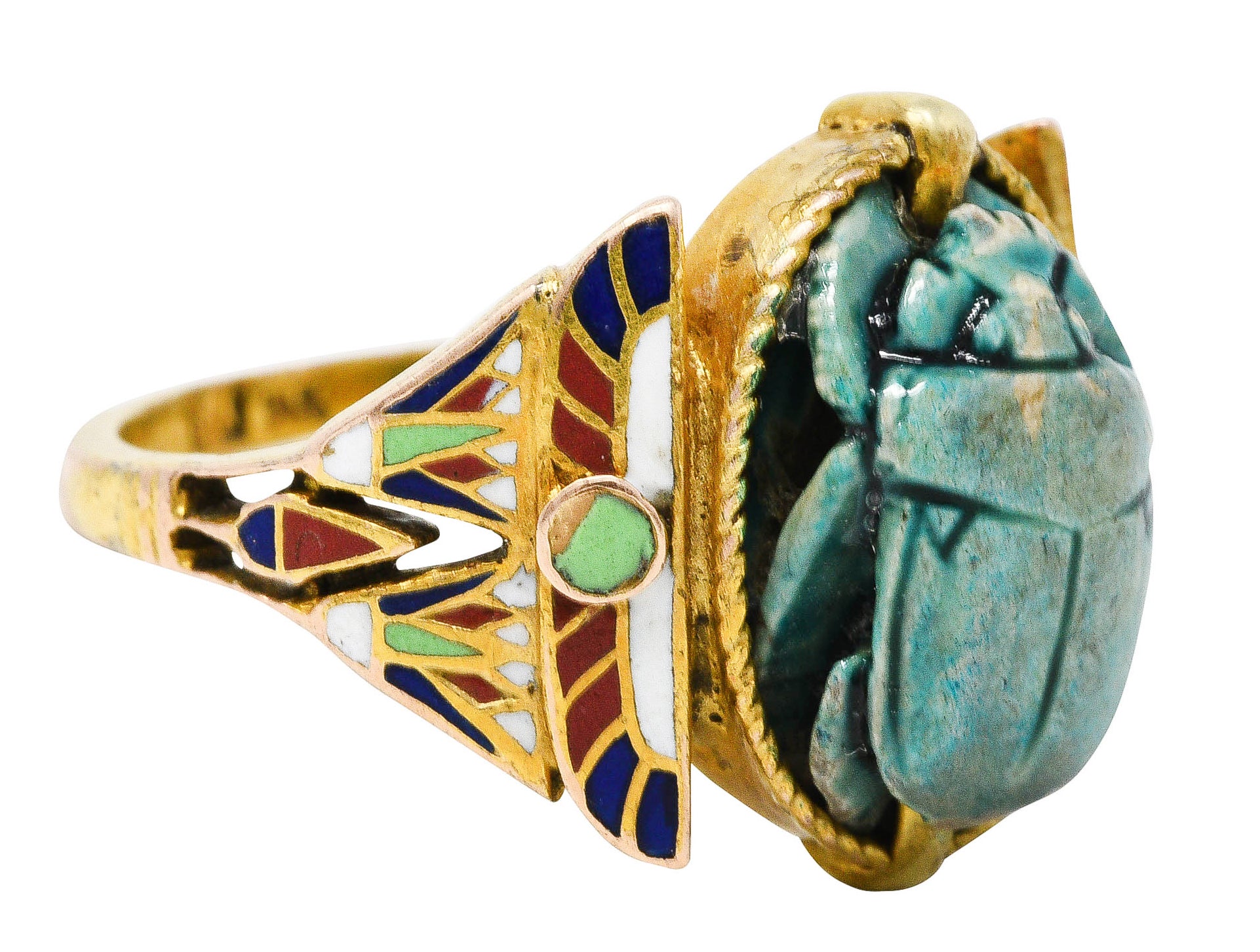 Art Deco Egyptian Revival Enamel Hardstone 14 Karat Gold Scarab RingRing - Wilson's Estate Jewelry
