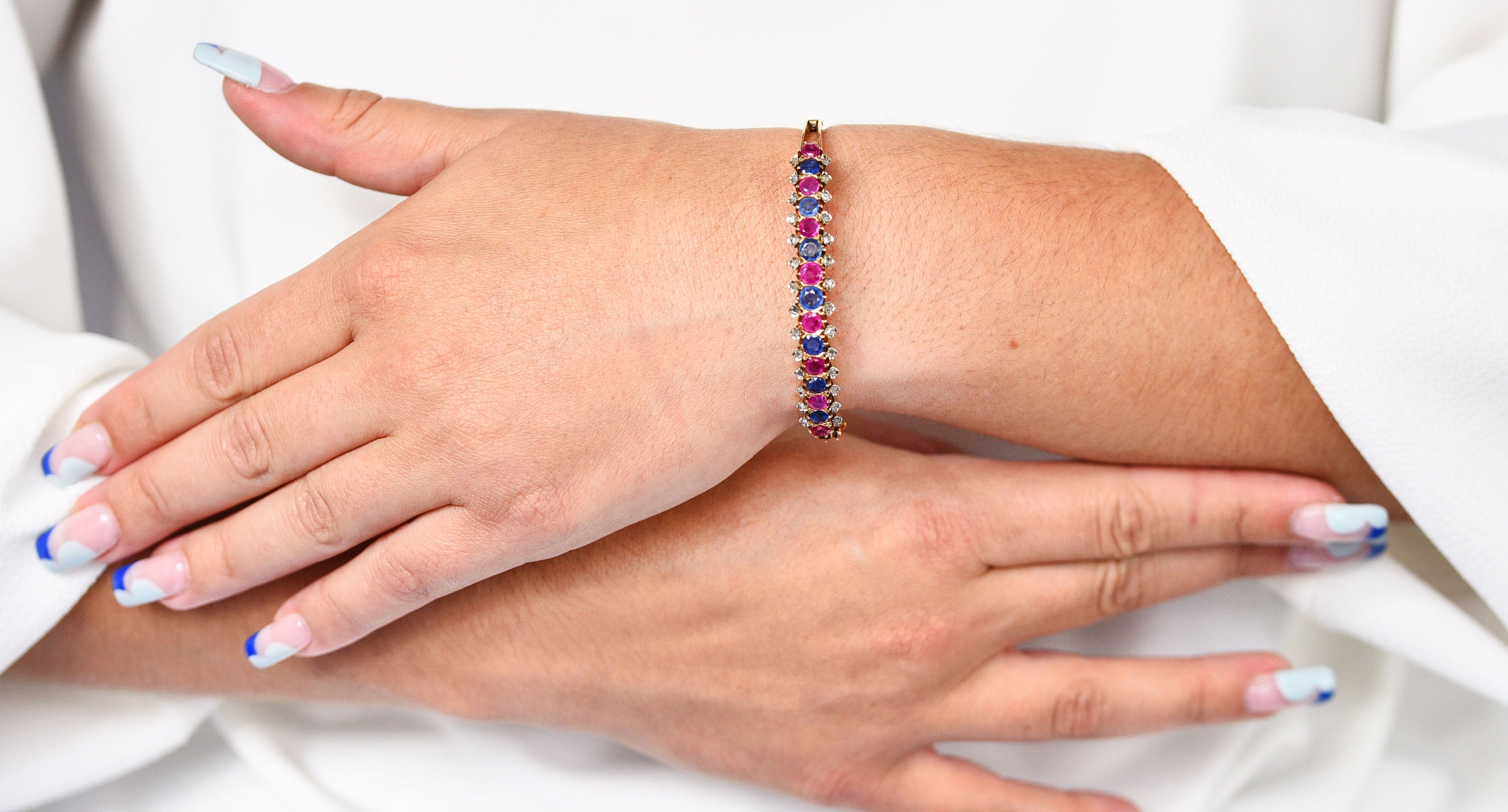 Retro 4.40 CTW Sapphire Ruby Diamond 18 Karat Two-Tone Bangle Braceletbracelet - Wilson's Estate Jewelry