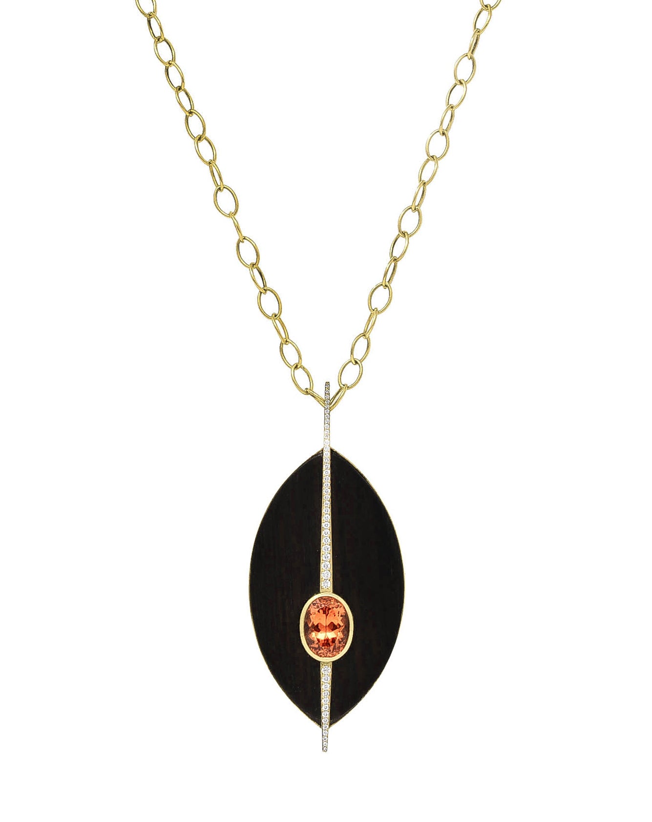 Vintage Garnet Diamond Wood 18 Karat Yellow Gold Modernist Pendant Necklace Wilson's Estate Jewelry