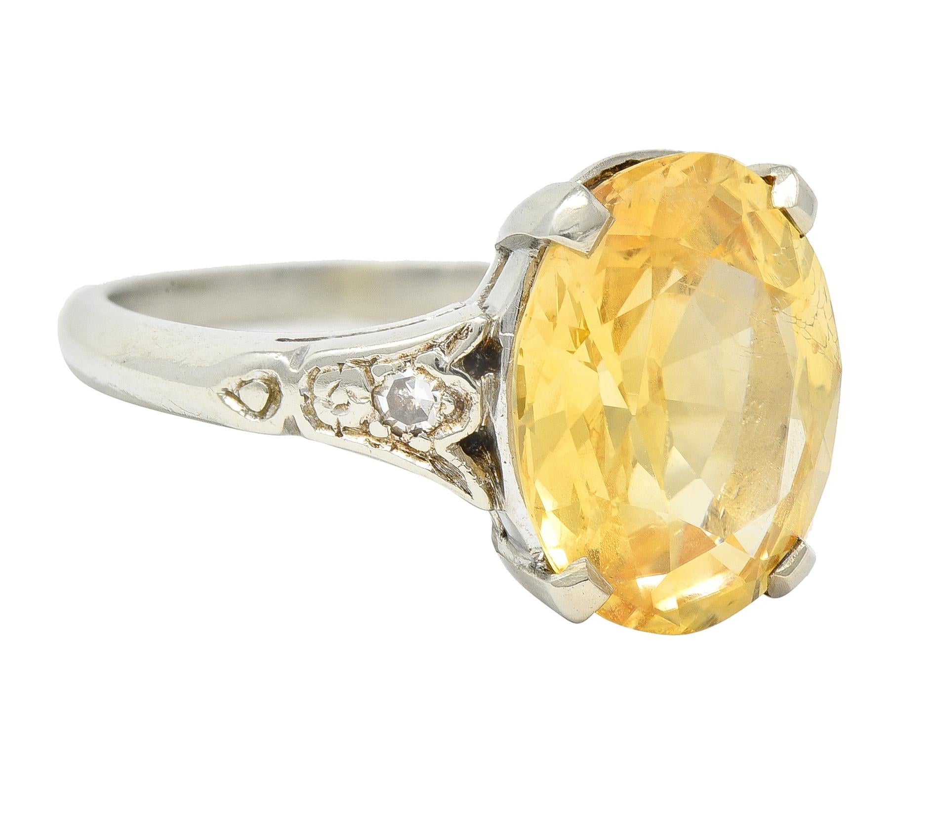 Art Deco 5.22 CTW Yellow Ceylon Sapphire Diamond 14 Karat Gold Antique Ring GIA