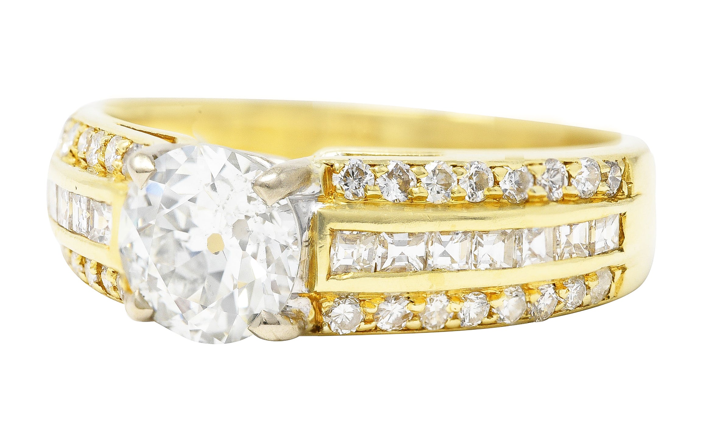 1.50 CTW Old European Cut Diamond 18 Karat Two-Tone Gold Unisex Channel Engagement Ring Wilson's Estate Jewelry