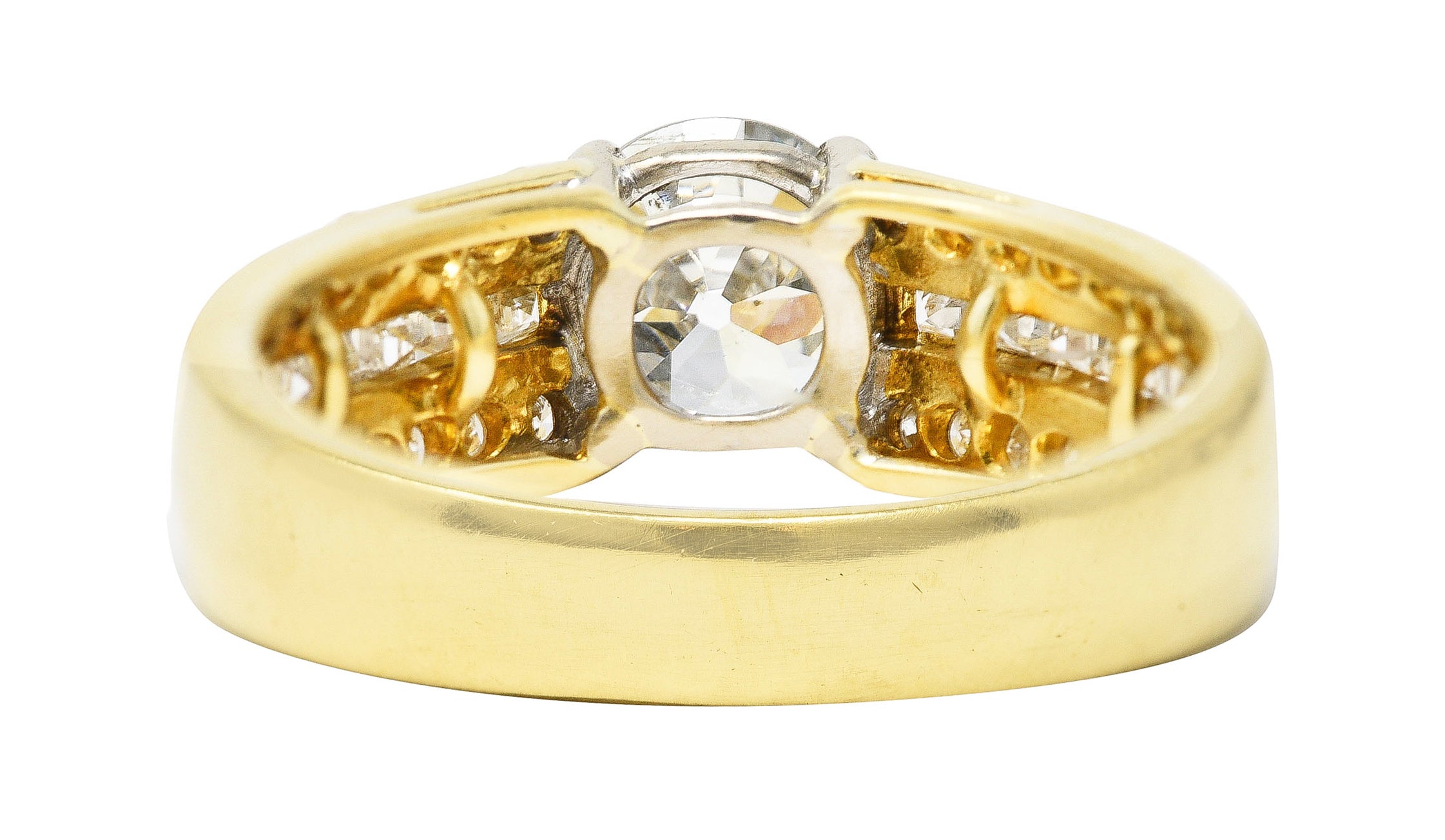 1.50 CTW Old European Cut Diamond 18 Karat Two-Tone Gold Unisex Channel Engagement Ring Wilson's Estate Jewelry