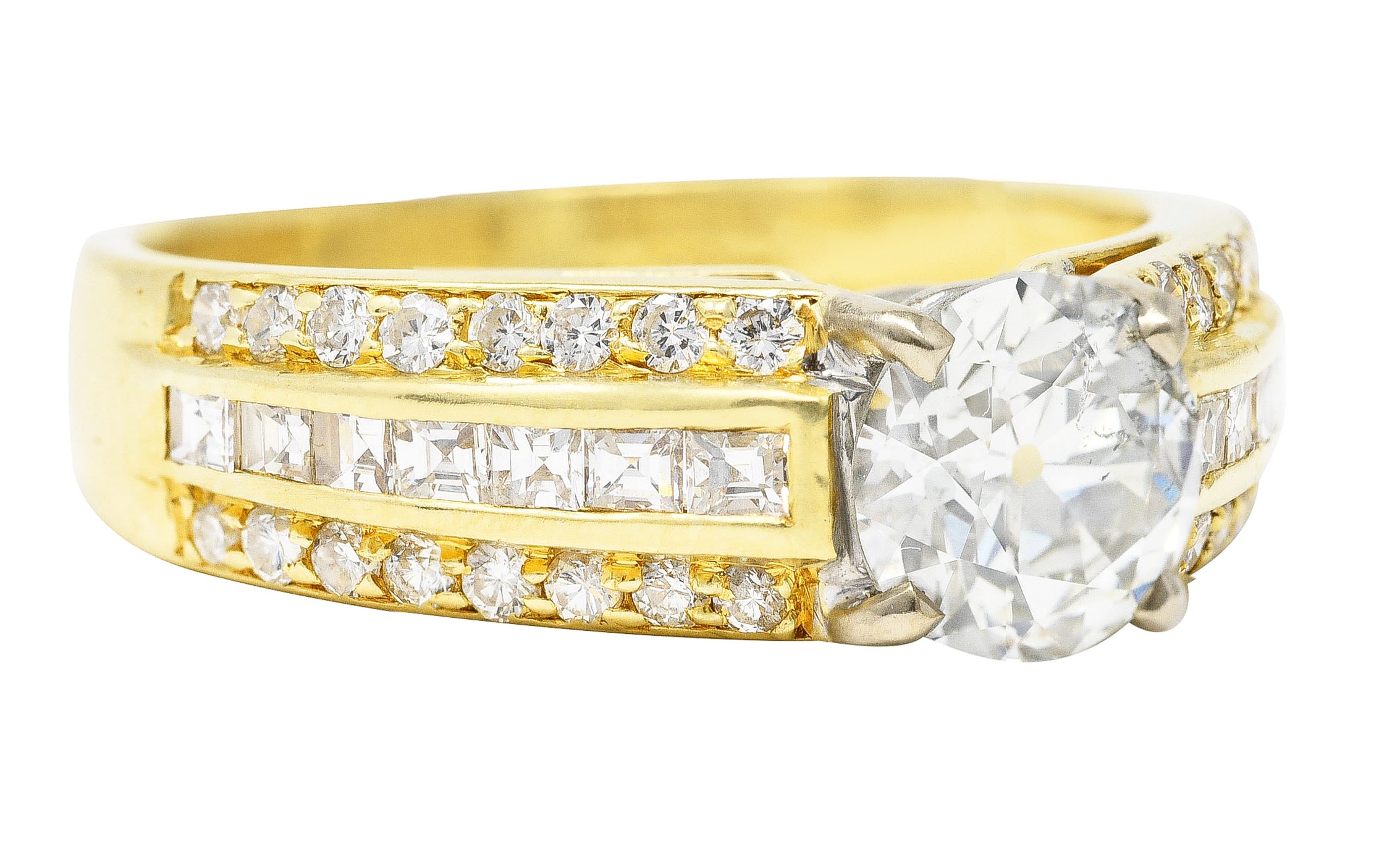 1.50 CTW Old European Cut Diamond 18 Karat Two-Tone Gold Unisex Channel Engagement Ring Wilson's Estate Jewelry