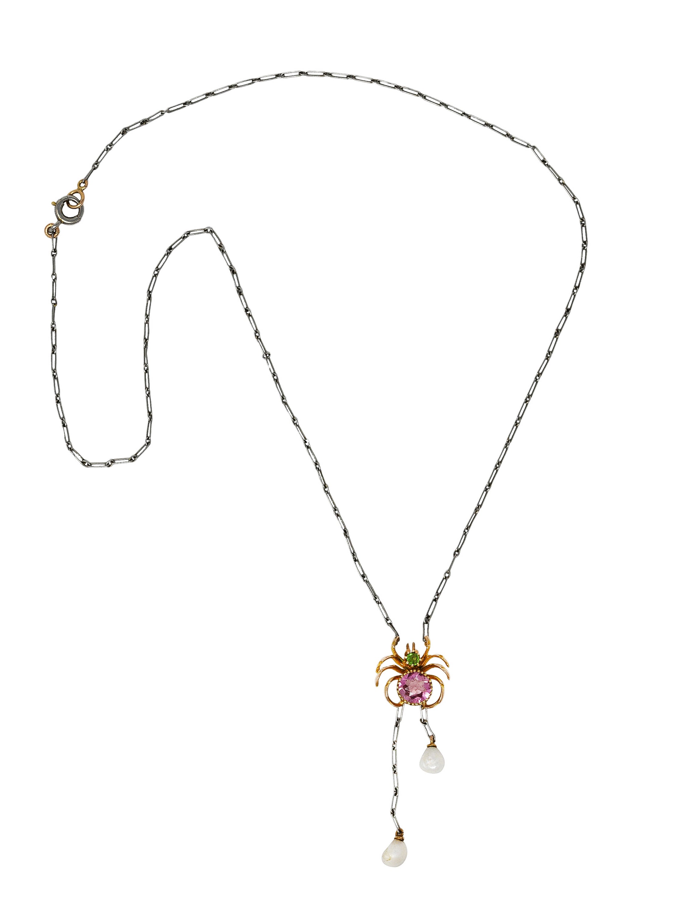 Edwardian Pink Tourmaline Demantoid Garnet Baroque Pearl Platinum 14 Karat Yellow Gold Spider Antique Negligeé Necklace Wilson's Estate Jewelry