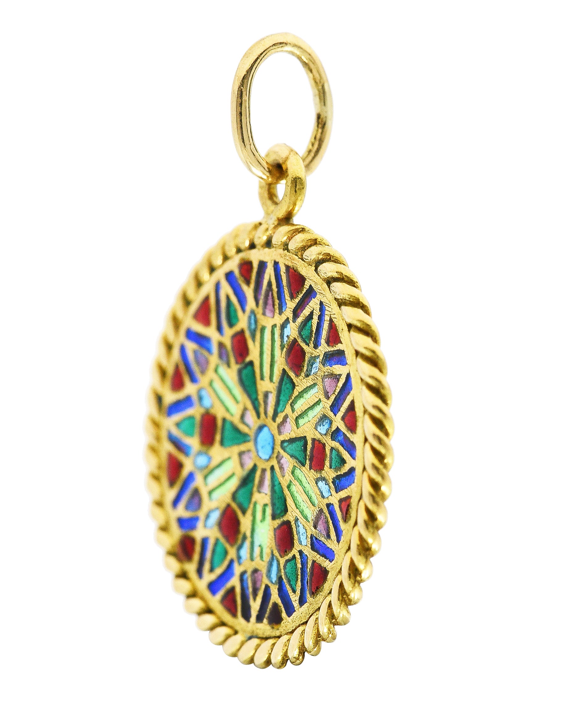 French Vintage Plique-A-Jour Enamel 18 Karat Yellow Gold Rose Window Charm Wilson's Estate Jewelry