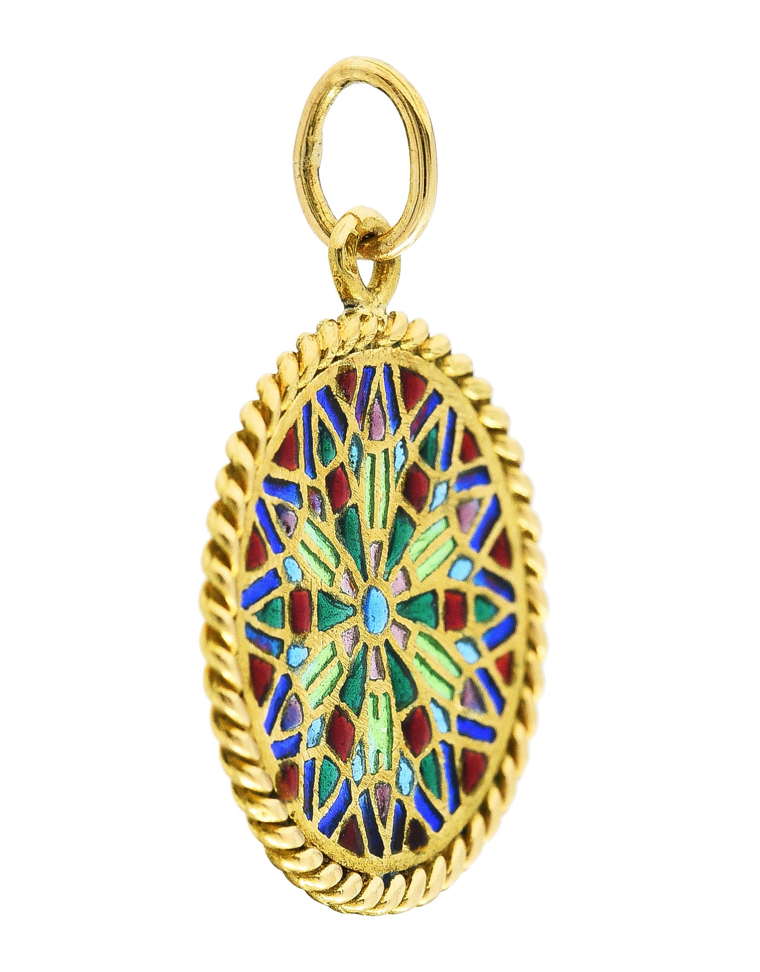 French Vintage Plique-A-Jour Enamel 18 Karat Yellow Gold Rose Window Charm Wilson's Estate Jewelry