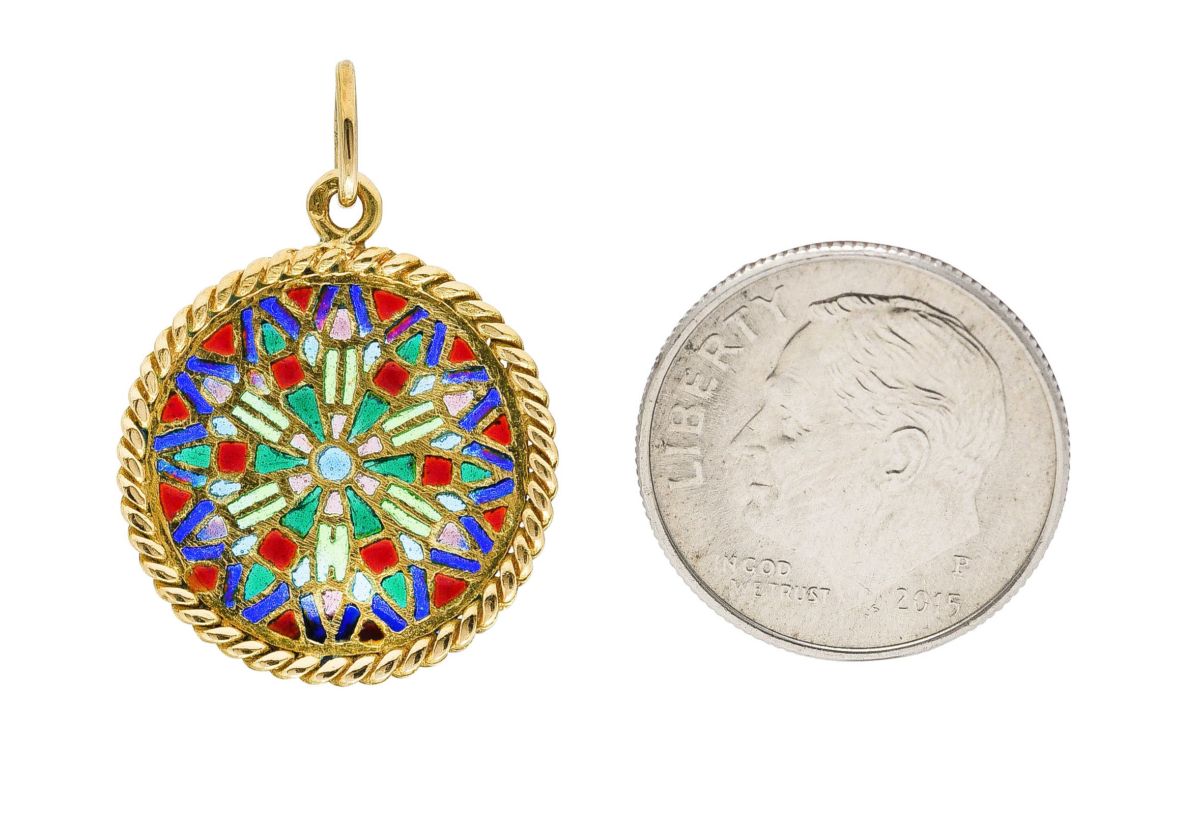 French Vintage Plique-A-Jour Enamel 18 Karat Yellow Gold Rose Window Charm Wilson's Estate Jewelry