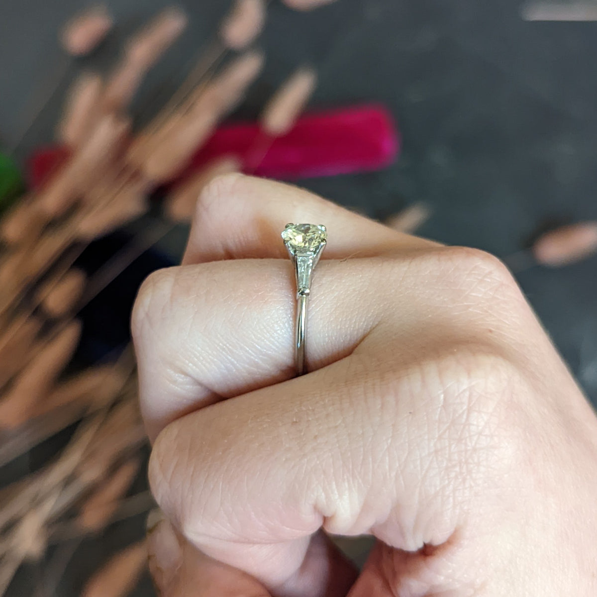 1950's Mid-Century 1.42 CTW Diamond Platinum Three Stone Engagement Ring GIA Wilson's Antique & Estate Jewelry