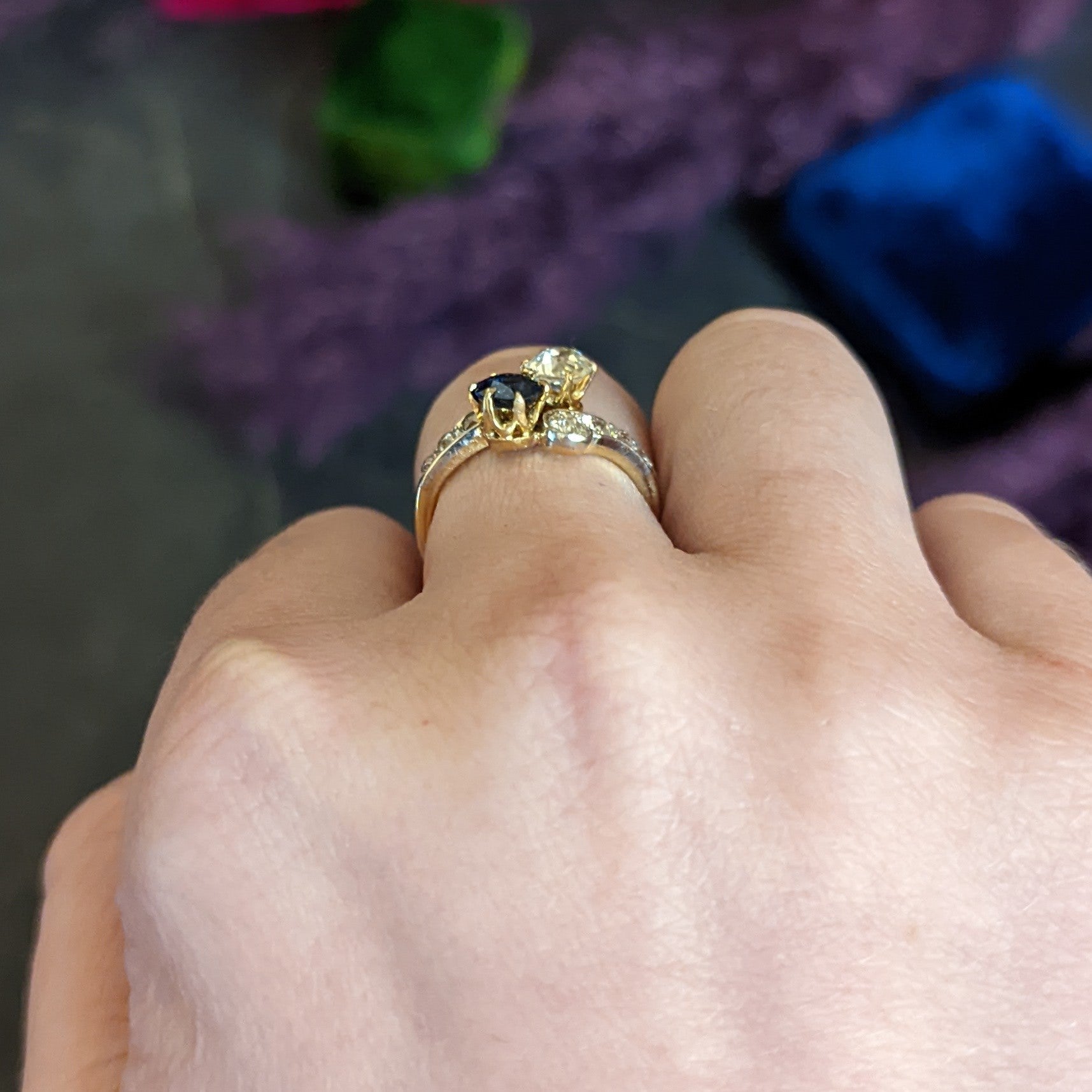 Edwardian 1.95 CTW Diamond Sapphire Platinum-Topped 18 Karat Gold Toi Et Moi Ring Wilson's Antique & Estate Jewelry