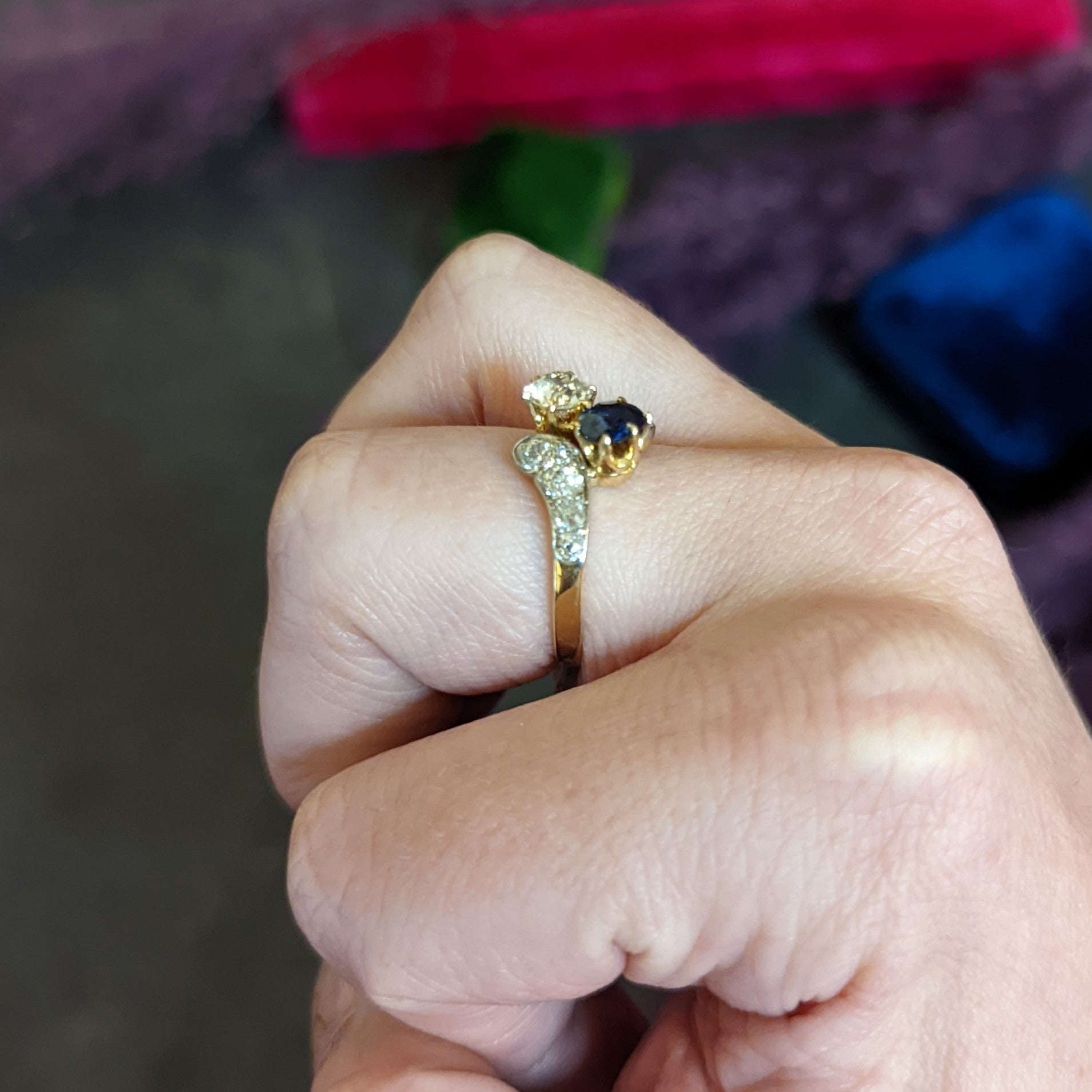 Edwardian 1.95 CTW Diamond Sapphire Platinum-Topped 18 Karat Gold Toi Et Moi Ring Wilson's Antique & Estate Jewelry