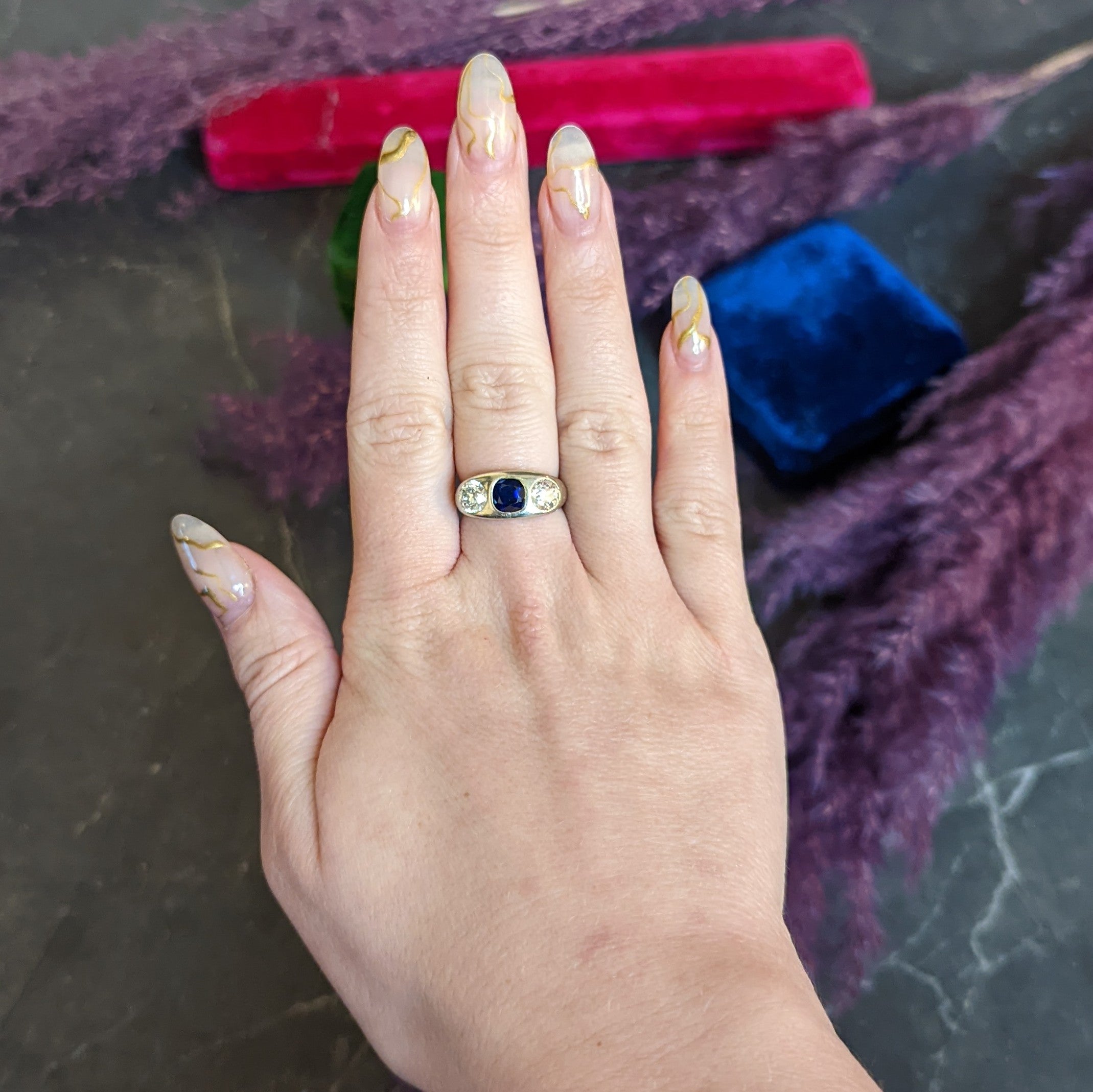 Retro 3.05 CTW No Heat Sapphire Diamond 18 Karat White Gold Gypsy Unisex Ring GIA Wilson's Antique & Estate Jewelry