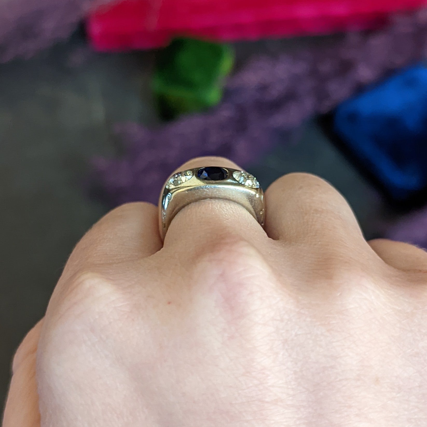 Retro 3.05 CTW No Heat Sapphire Diamond 18 Karat White Gold Gypsy Unisex Ring GIA Wilson's Antique & Estate Jewelry