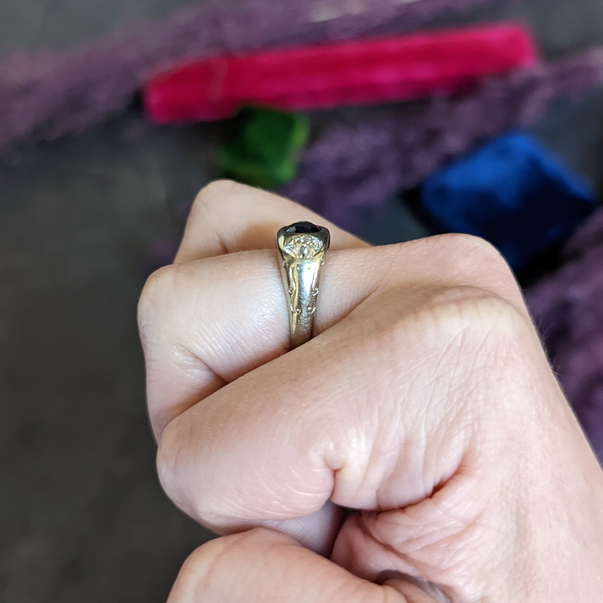 Retro 3.05 CTW No Heat Sapphire Diamond 18 Karat White Gold Gypsy Unisex Ring GIA Wilson's Antique & Estate Jewelry