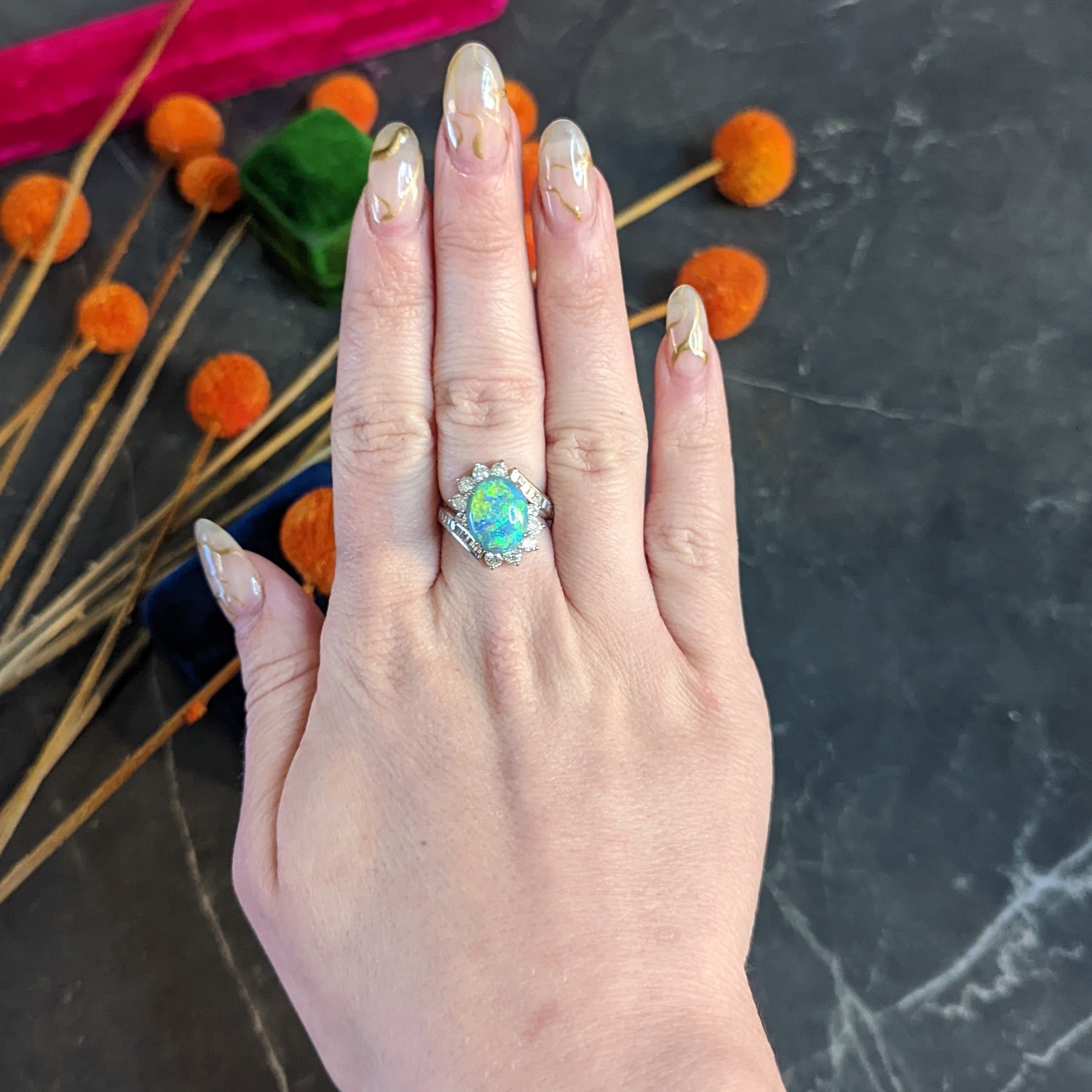 Vibrant Opal Diamond Platinum Cluster Bypass Ring Wilson's Estate Jewelry
