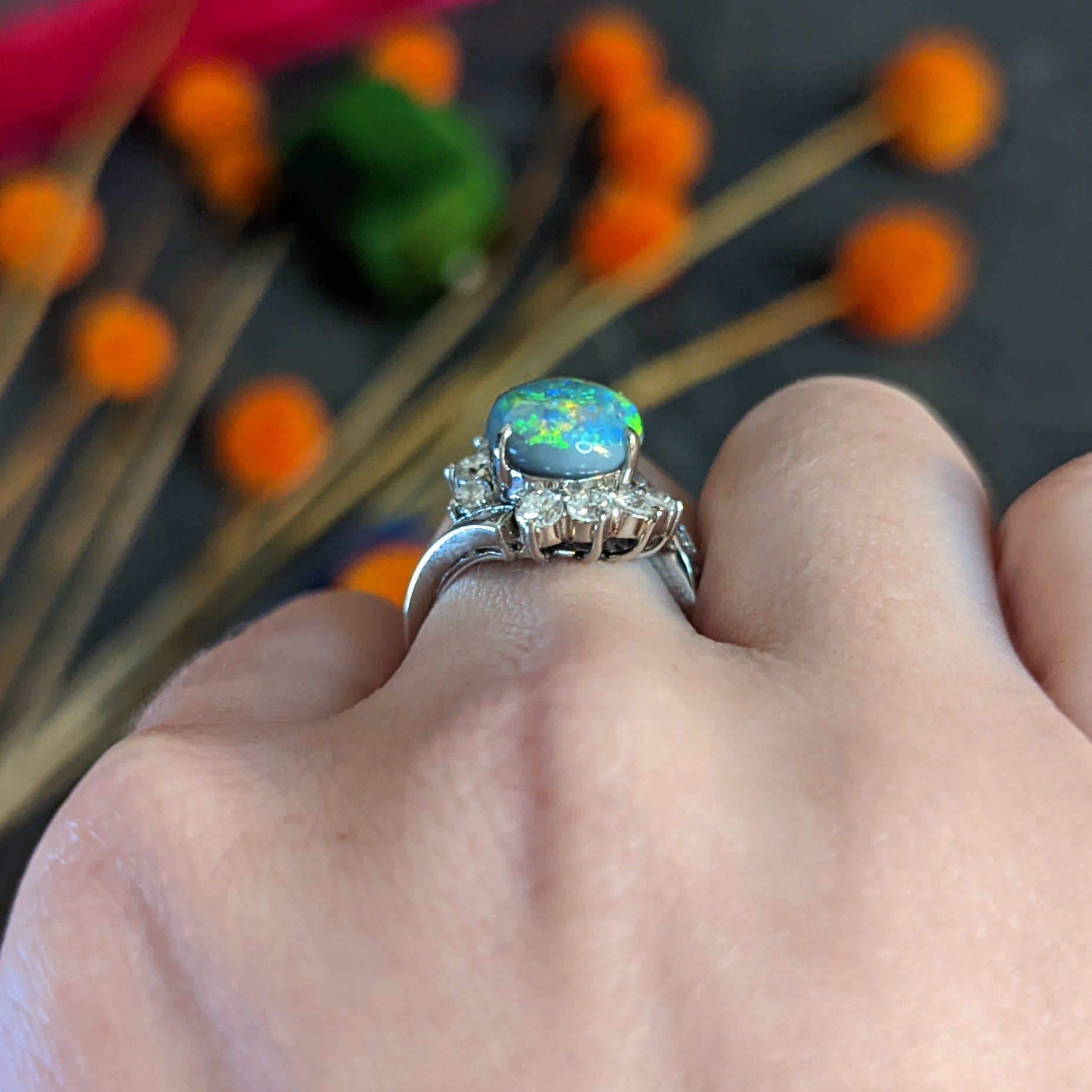 Vibrant Opal Diamond Platinum Cluster Bypass Ring Wilson's Estate Jewelry
