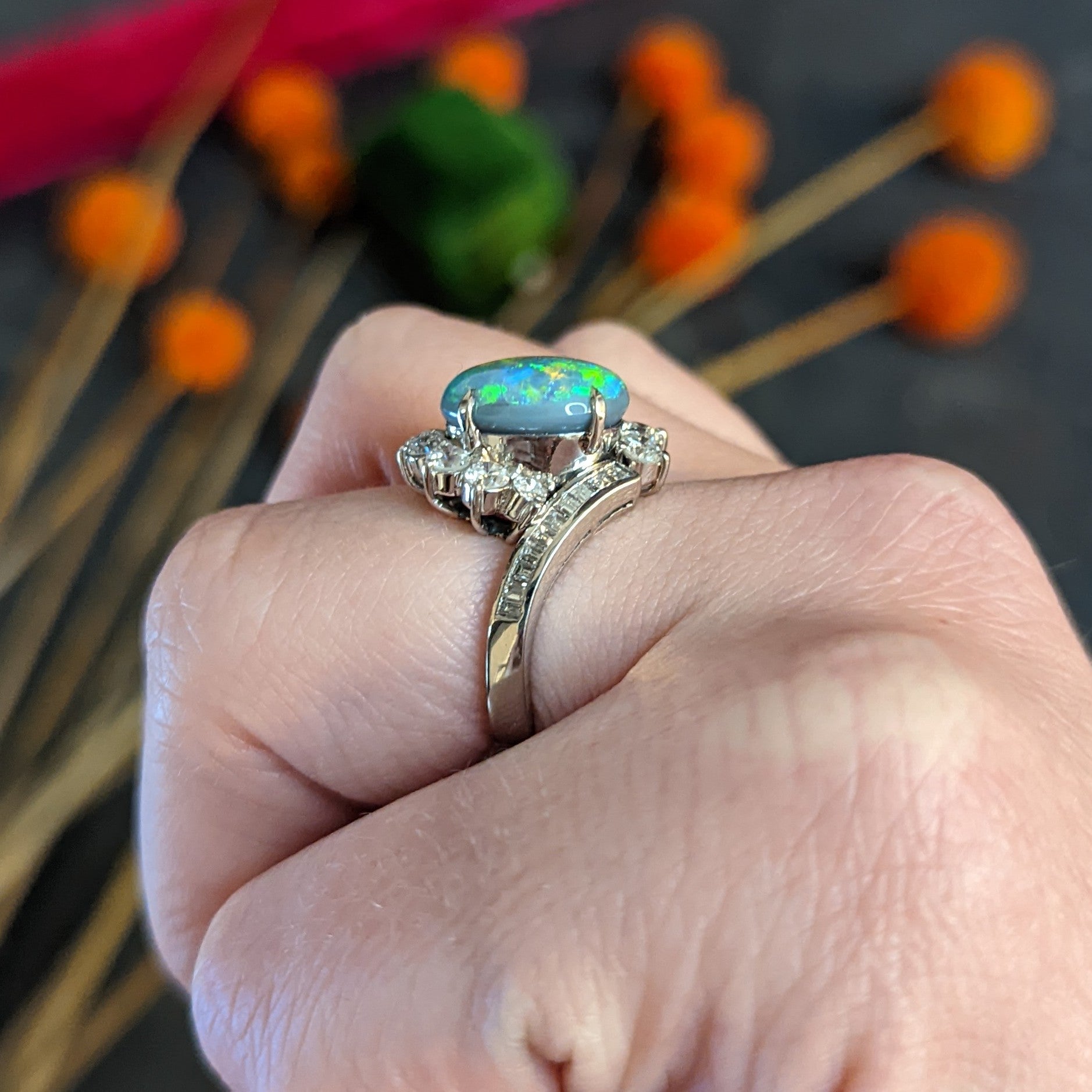 Vibrant Opal Diamond Platinum Cluster Bypass Ring Wilson's Estate Jewelry