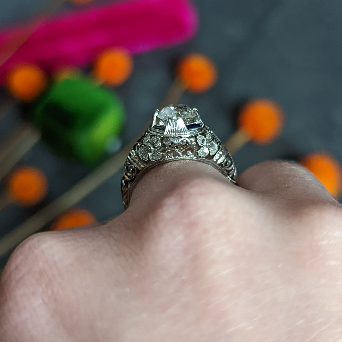 1920's Art Deco 1.76 CTW Diamond Sapphire 18 Karat White Gold Floral Engagement Ring Wilson's Estate Jewelry