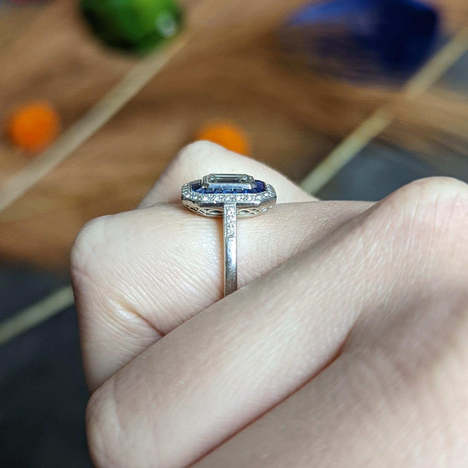 Vintage 2.20 CTW Emerald Cut Diamond Sapphire Platinum Halo Engagement Ring Wilson's Estate Jewelry